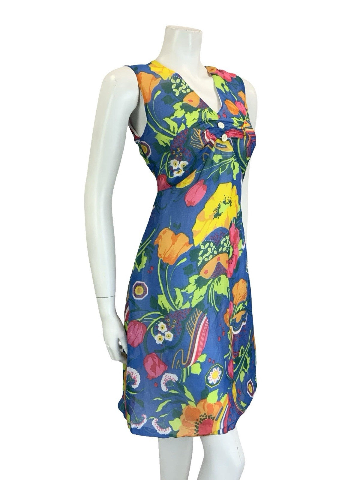 VTG 60S 70S BLUE PINK GREEN YELLOW ORANGE PSYCHEDELIC FLORAL EMPIRE DRESS 10