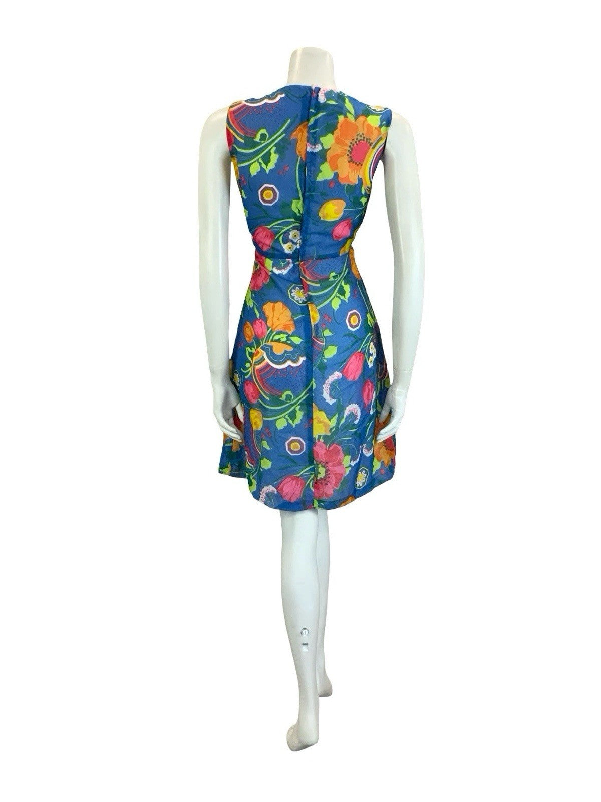 VTG 60S 70S BLUE PINK GREEN YELLOW ORANGE PSYCHEDELIC FLORAL EMPIRE DRESS 10