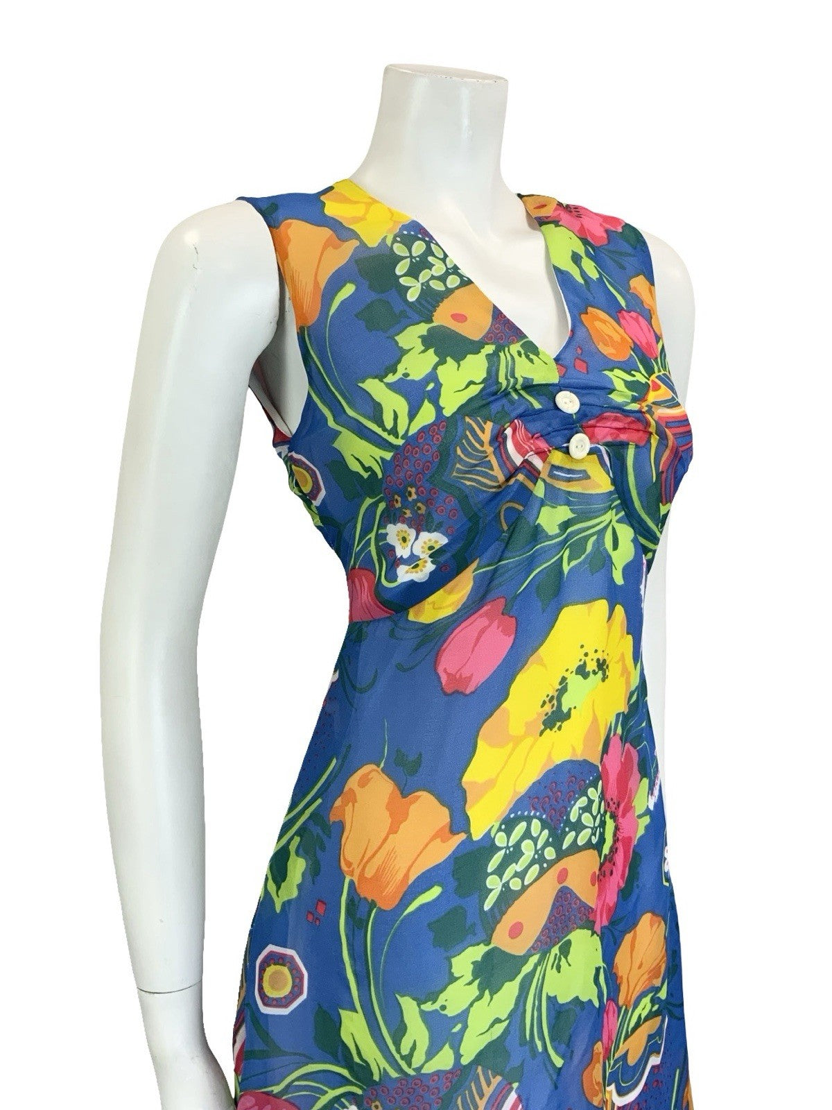 VTG 60S 70S BLUE PINK GREEN YELLOW ORANGE PSYCHEDELIC FLORAL EMPIRE DRESS 10