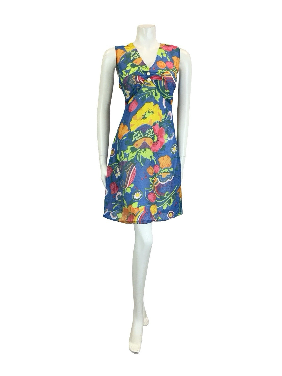 VTG 60S 70S BLUE PINK GREEN YELLOW ORANGE PSYCHEDELIC FLORAL EMPIRE DRESS 10