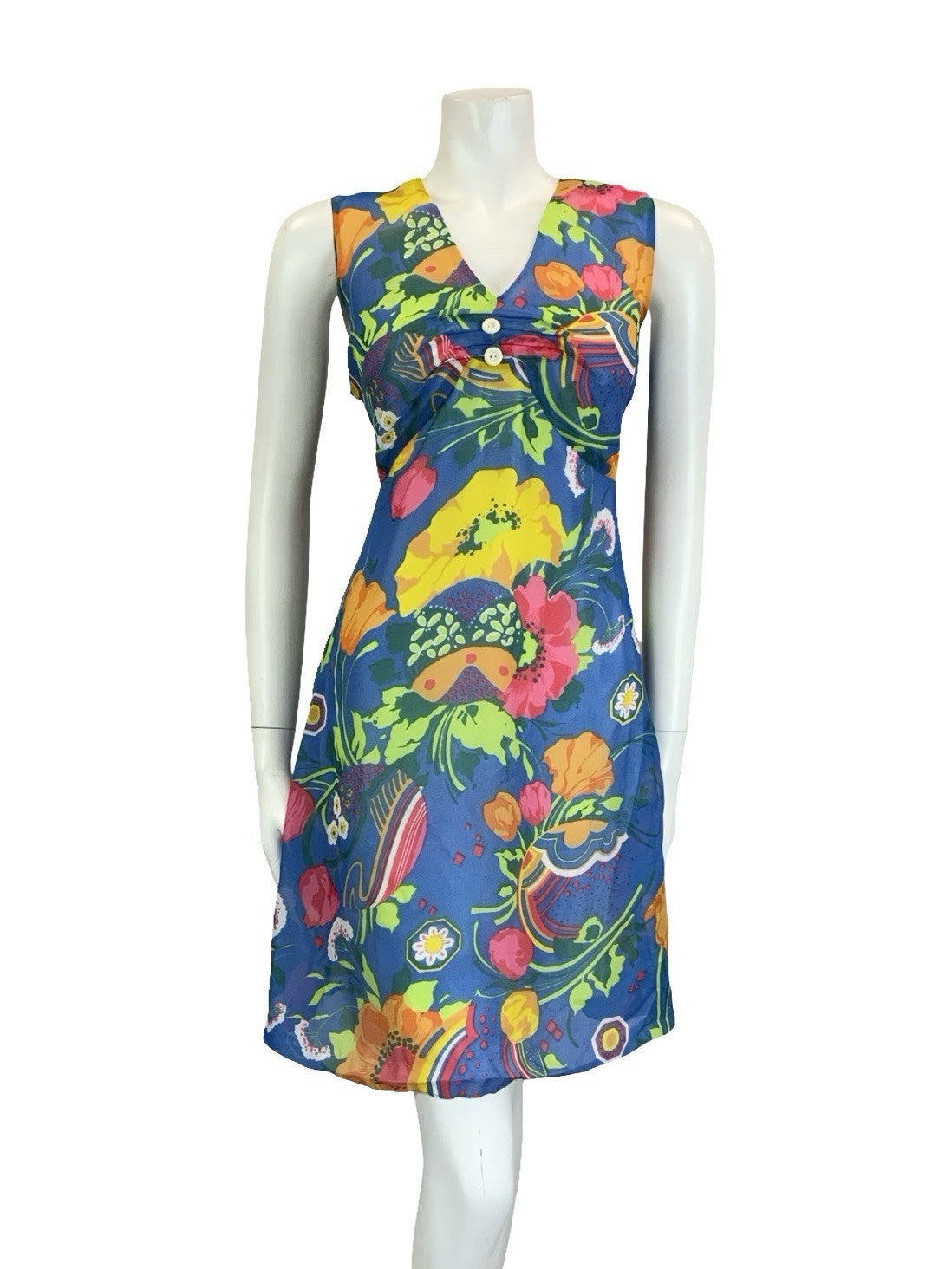 VTG 60S 70S BLUE PINK GREEN YELLOW ORANGE PSYCHEDELIC FLORAL EMPIRE DRESS 10