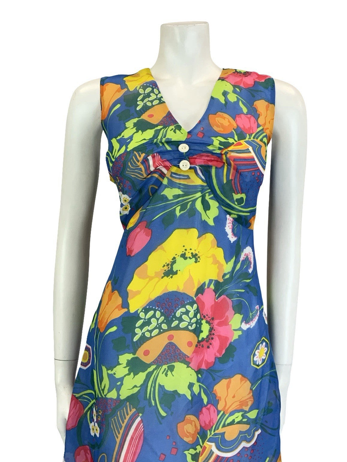 VTG 60S 70S BLUE PINK GREEN YELLOW ORANGE PSYCHEDELIC FLORAL EMPIRE DRESS 10