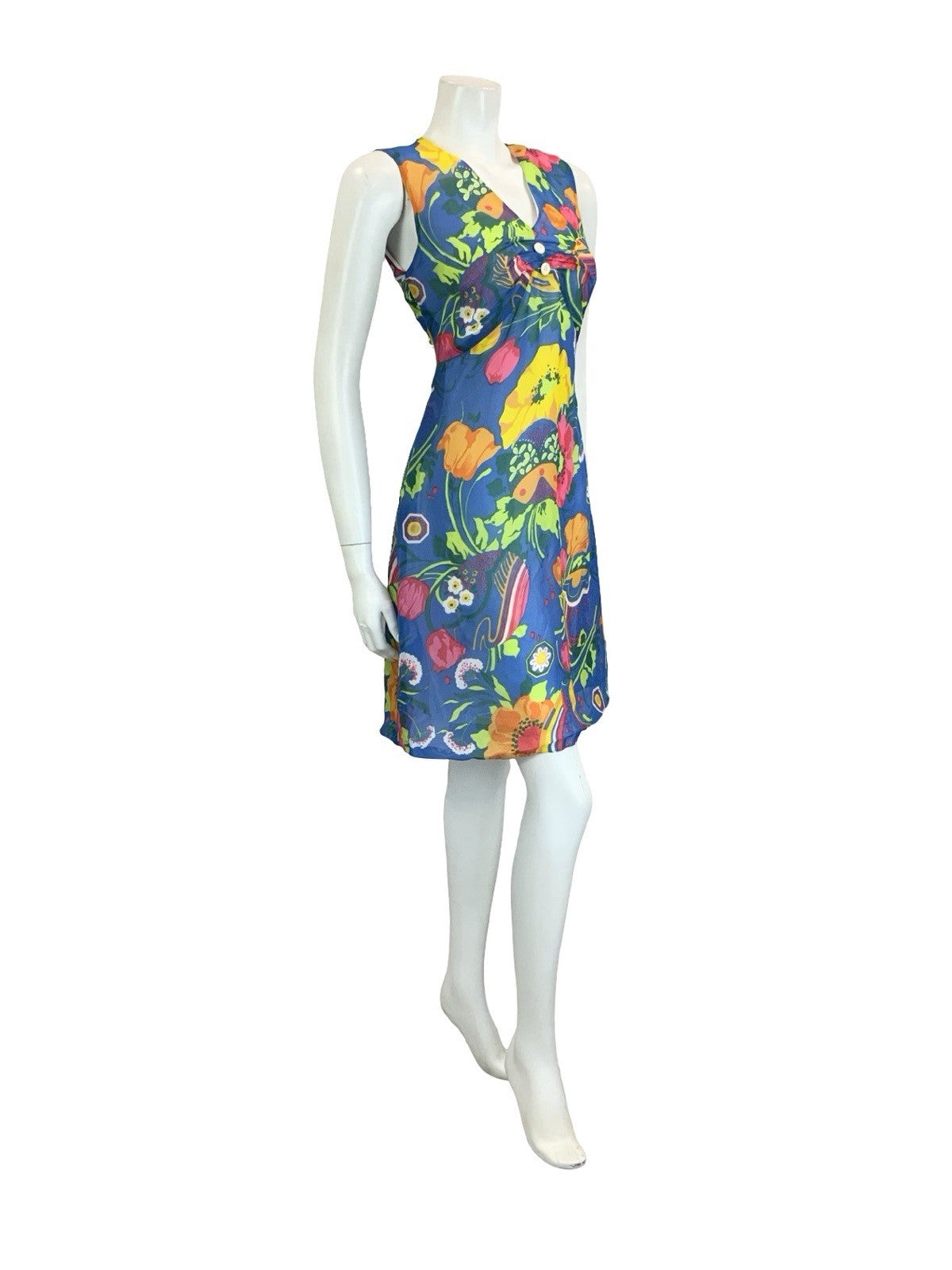 VTG 60S 70S BLUE PINK GREEN YELLOW ORANGE PSYCHEDELIC FLORAL EMPIRE DRESS 10