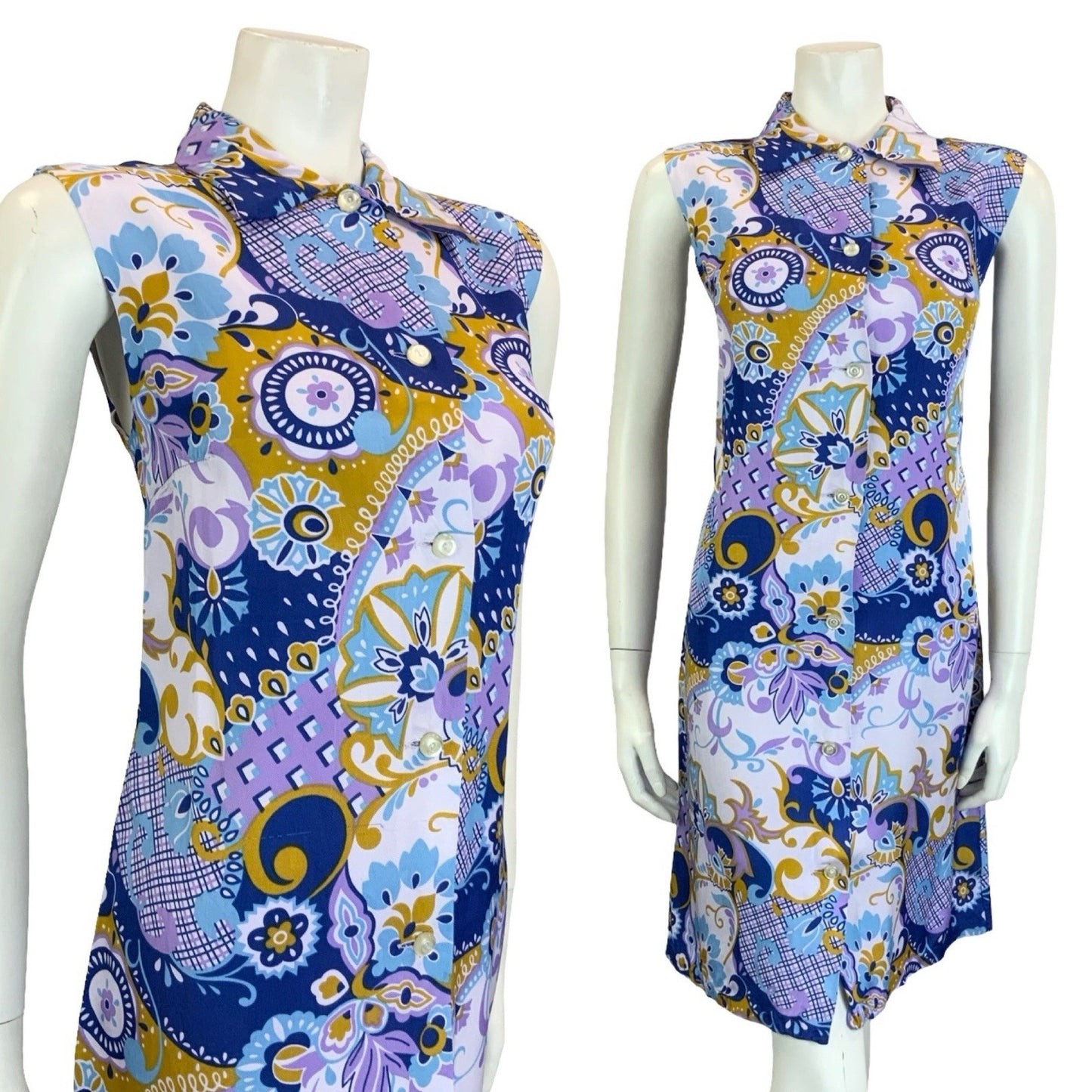 VTG 60S MOD PURPLE BROWN BLUE PSYCEDELIC GEOMETRIC SLEEVELESS SHIFT DRESS 14