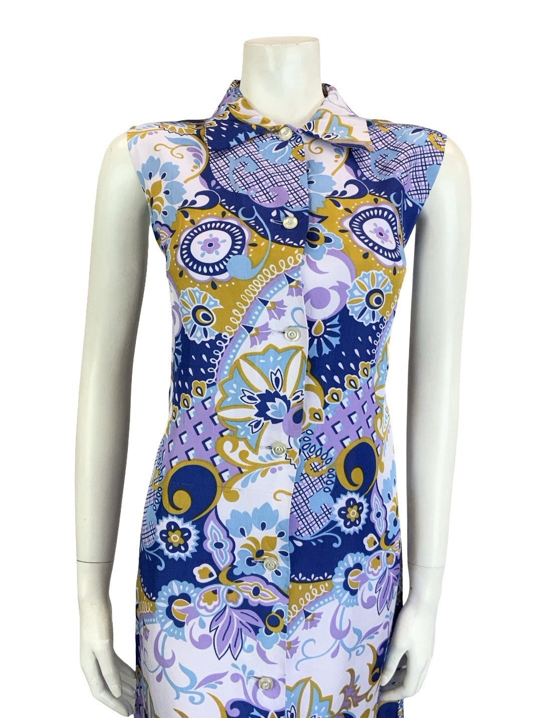 VTG 60S MOD PURPLE BROWN BLUE PSYCEDELIC GEOMETRIC SLEEVELESS SHIFT DRESS 14