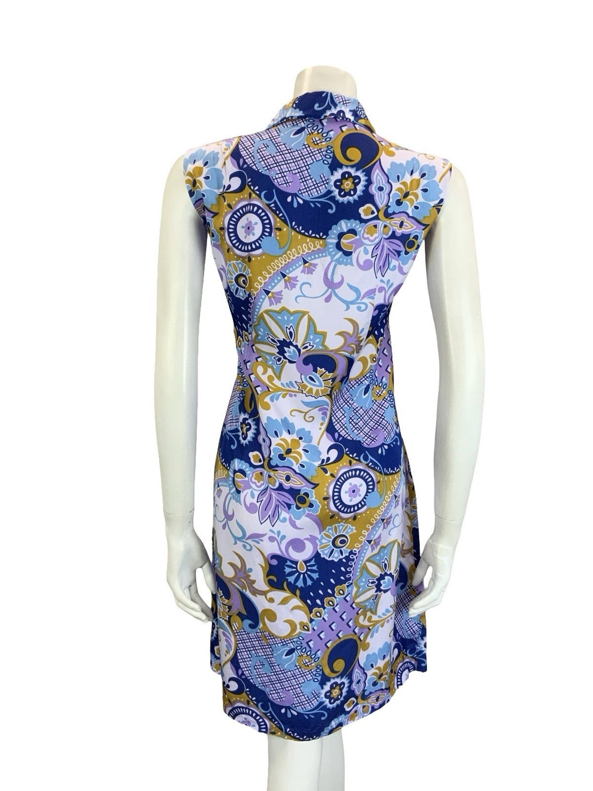 VTG 60S MOD PURPLE BROWN BLUE PSYCEDELIC GEOMETRIC SLEEVELESS SHIFT DRESS 14