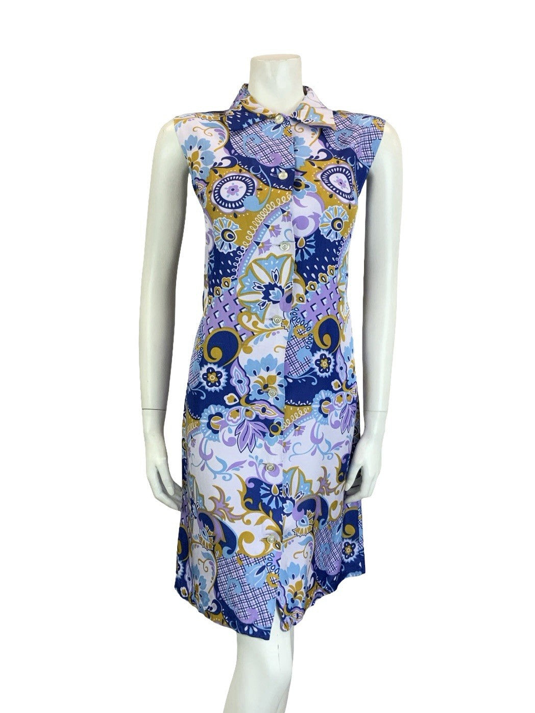 VTG 60S MOD PURPLE BROWN BLUE PSYCEDELIC GEOMETRIC SLEEVELESS SHIFT DRESS 14