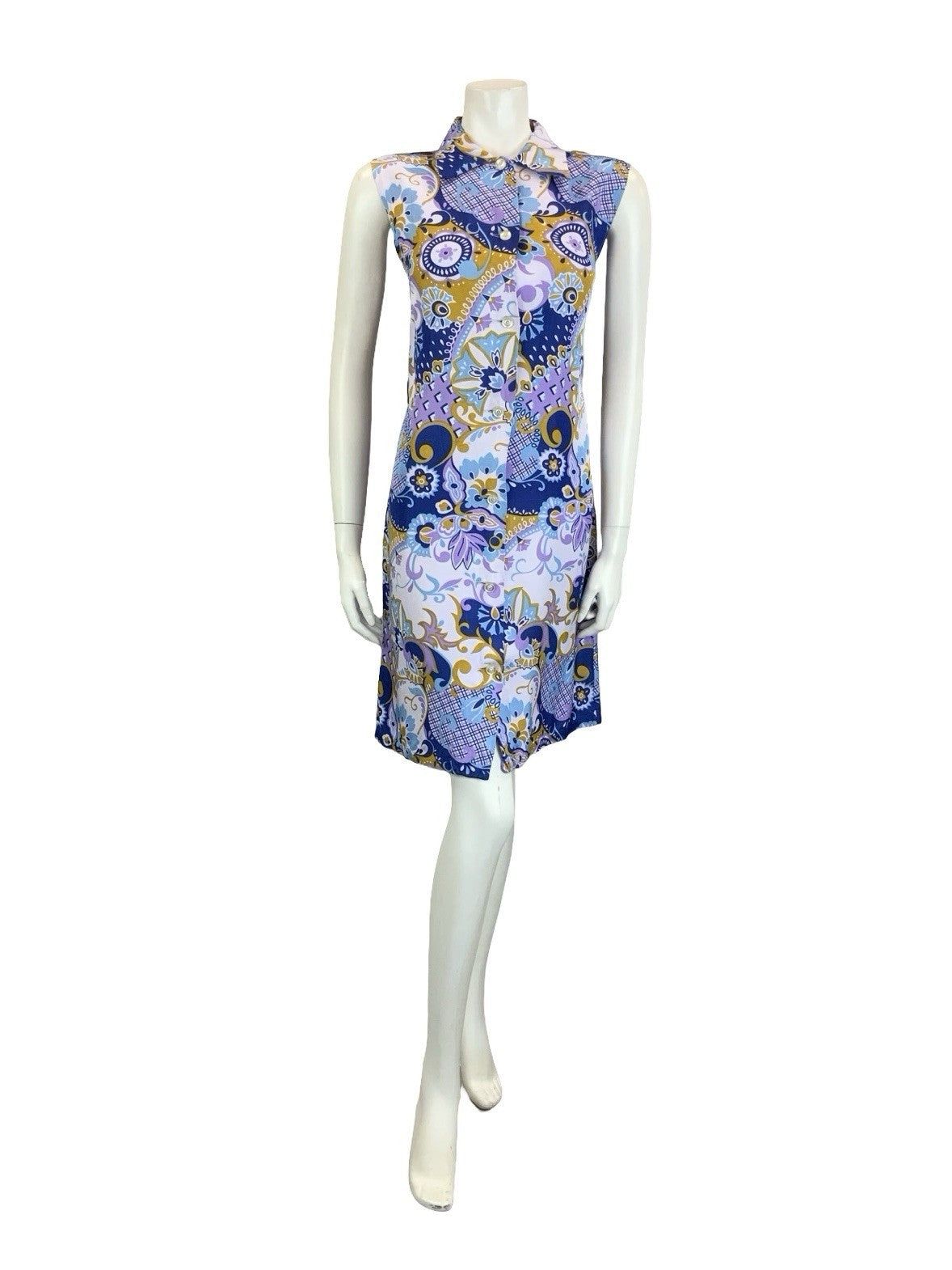 VTG 60S MOD PURPLE BROWN BLUE PSYCEDELIC GEOMETRIC SLEEVELESS SHIFT DRESS 14