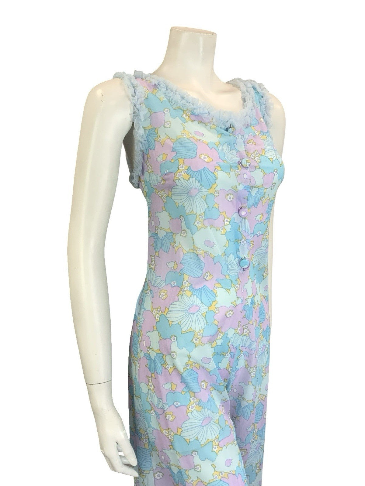 VTG 60S 70S BLUE LILAC PURPLE FLORAL RUFFLE NIGHT WEAR NIGHTGOWN JUMPSUIT 8