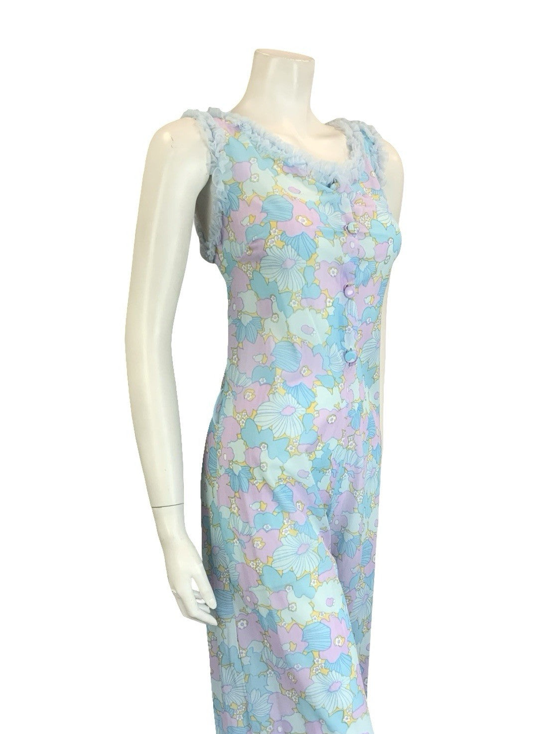 VTG 60S 70S BLUE LILAC PURPLE FLORAL RUFFLE NIGHT WEAR NIGHTGOWN JUMPSUIT 8