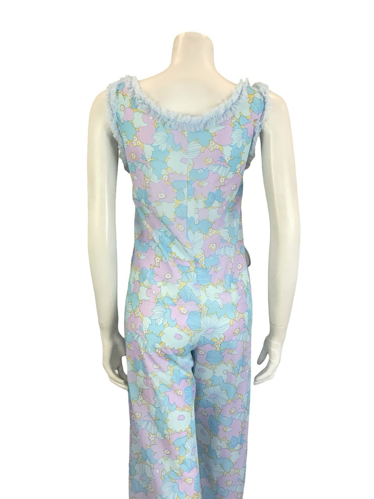 VTG 60S 70S BLUE LILAC PURPLE FLORAL RUFFLE NIGHT WEAR NIGHTGOWN JUMPSUIT 8