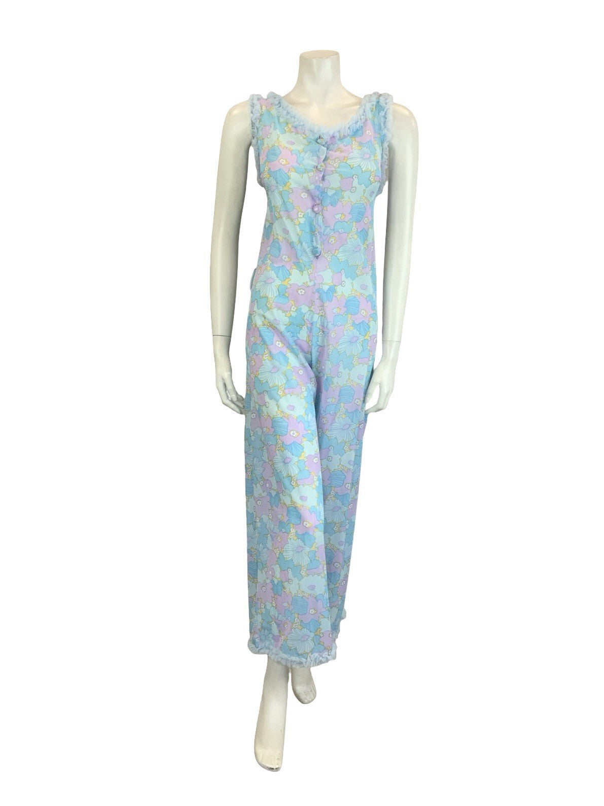 VTG 60S 70S BLUE LILAC PURPLE FLORAL RUFFLE NIGHT WEAR NIGHTGOWN JUMPSUIT 8