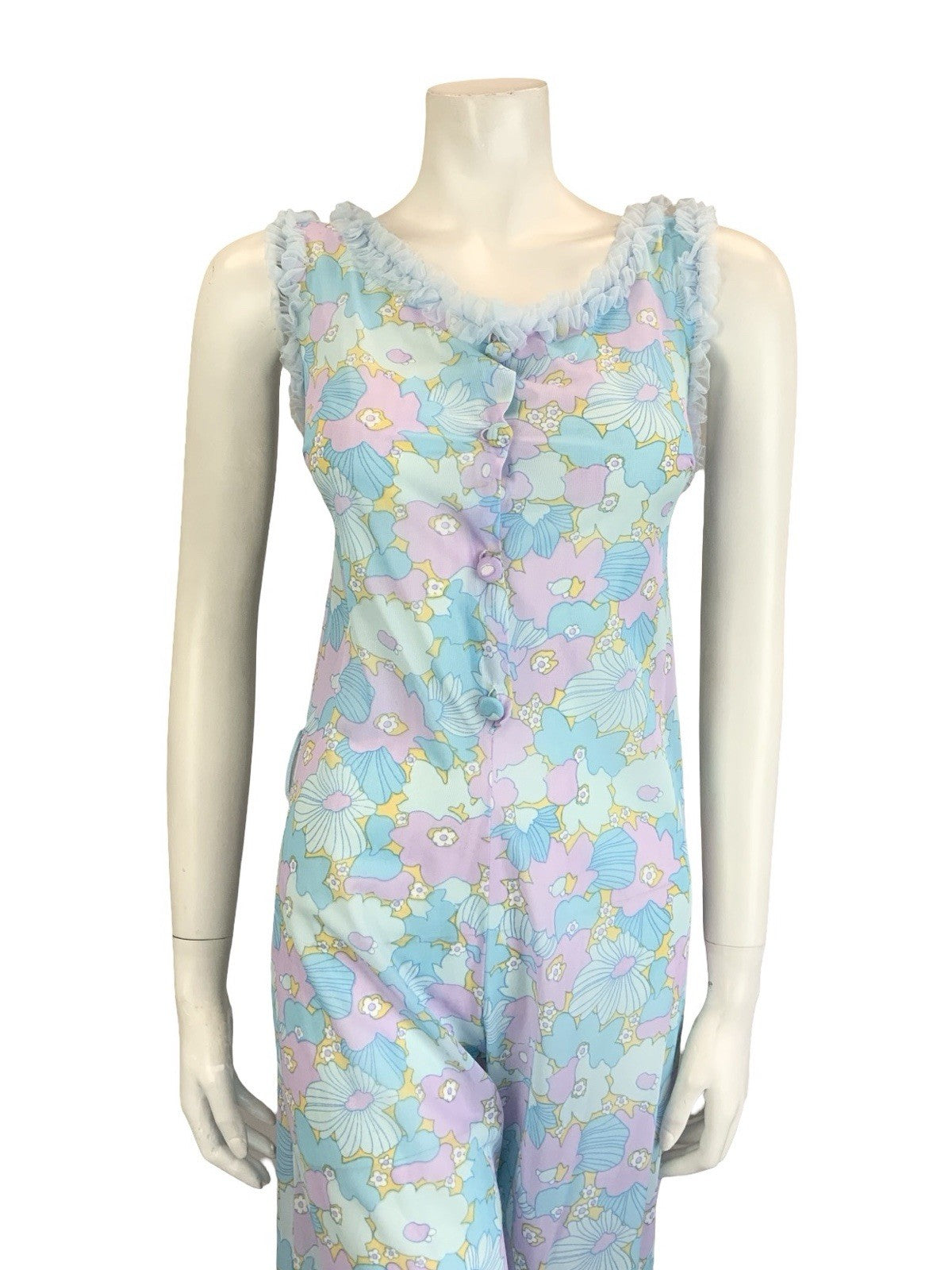 VTG 60S 70S BLUE LILAC PURPLE FLORAL RUFFLE NIGHT WEAR NIGHTGOWN JUMPSUIT 8
