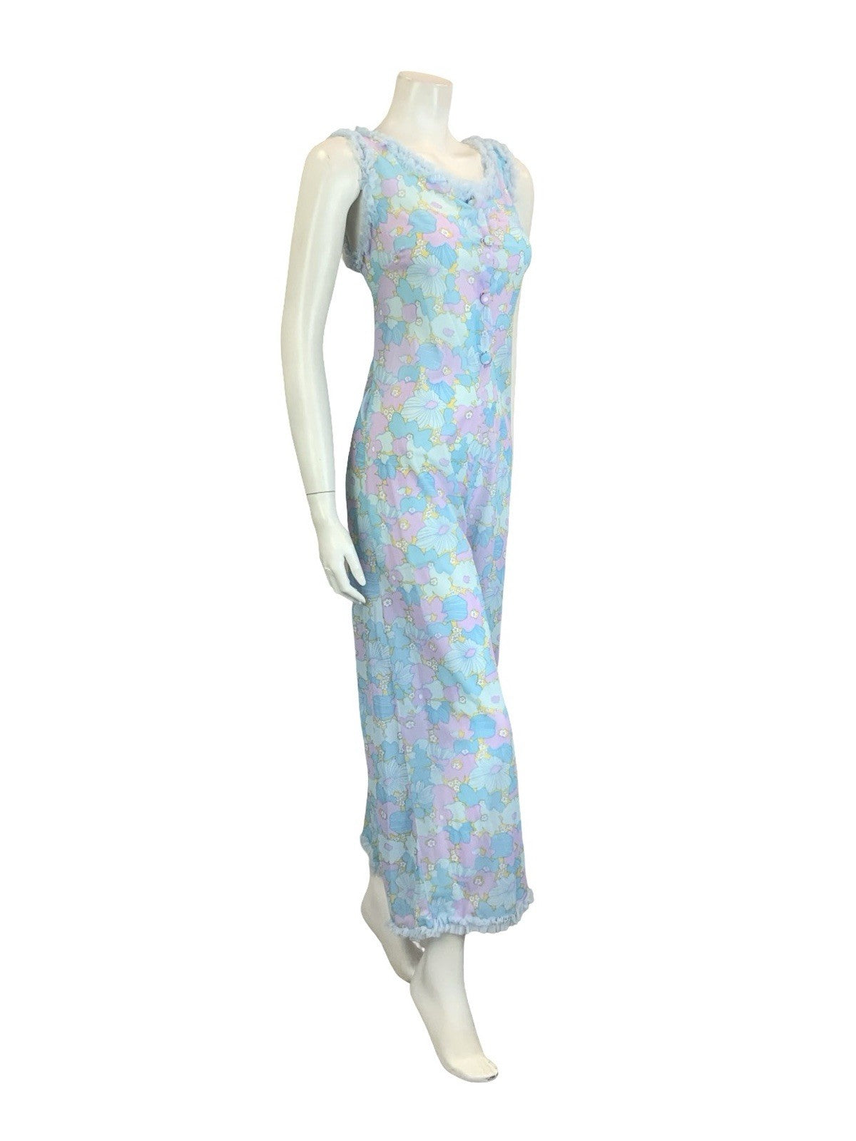 VTG 60S 70S BLUE LILAC PURPLE FLORAL RUFFLE NIGHT WEAR NIGHTGOWN JUMPSUIT 8