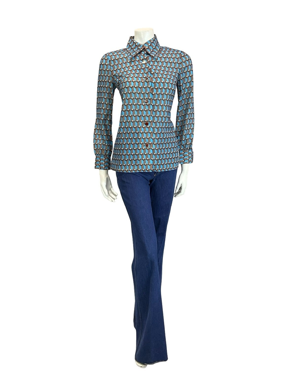 VTG 60S 70S BROWN BLUE WHITE ART DECO GEOMETRIC HEXAGONAL SHIRT 10