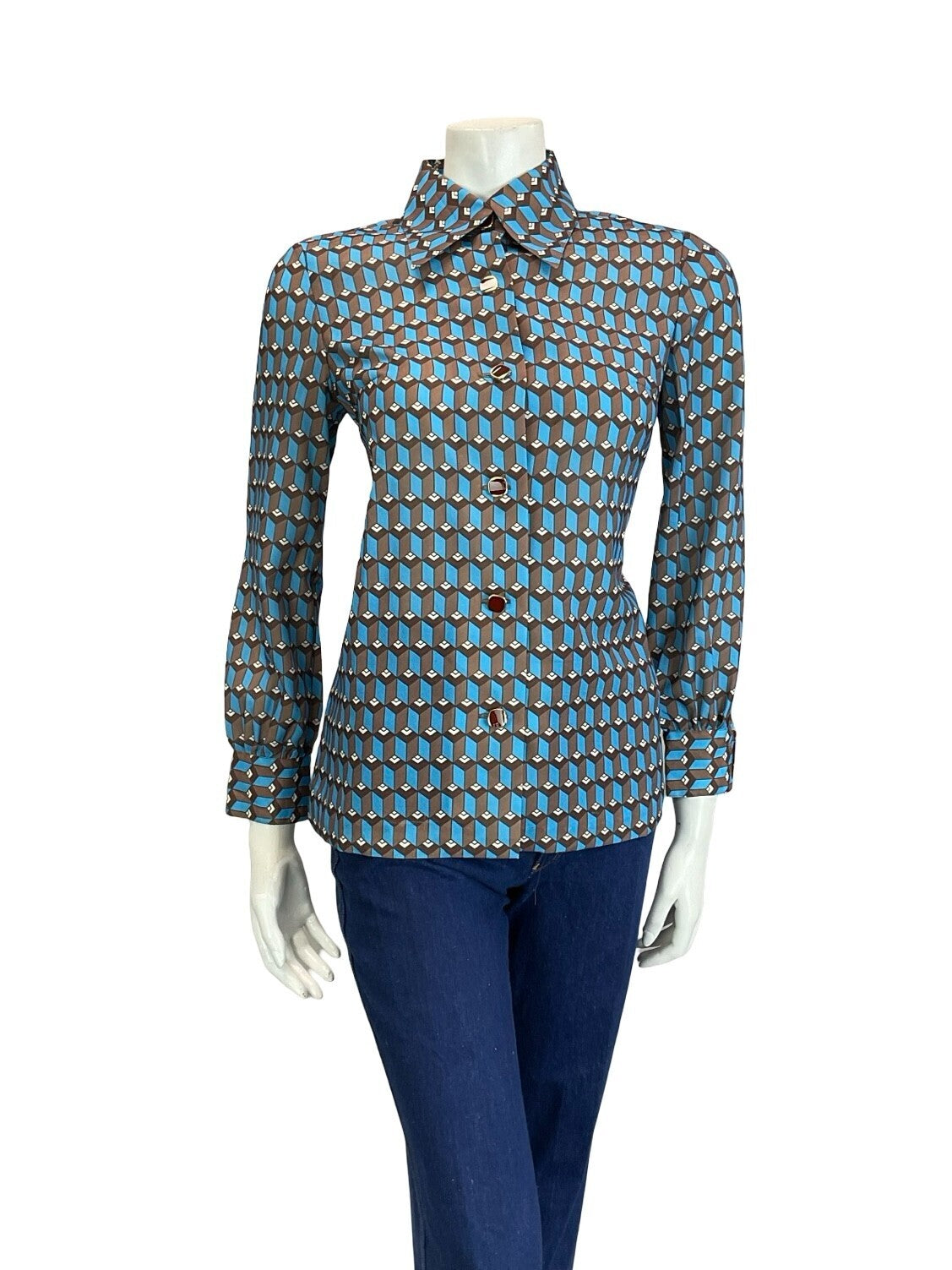 VTG 60S 70S BROWN BLUE WHITE ART DECO GEOMETRIC HEXAGONAL SHIRT 10