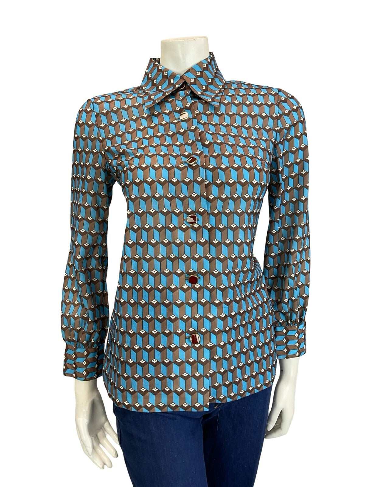 VTG 60S 70S BROWN BLUE WHITE ART DECO GEOMETRIC HEXAGONAL SHIRT 10