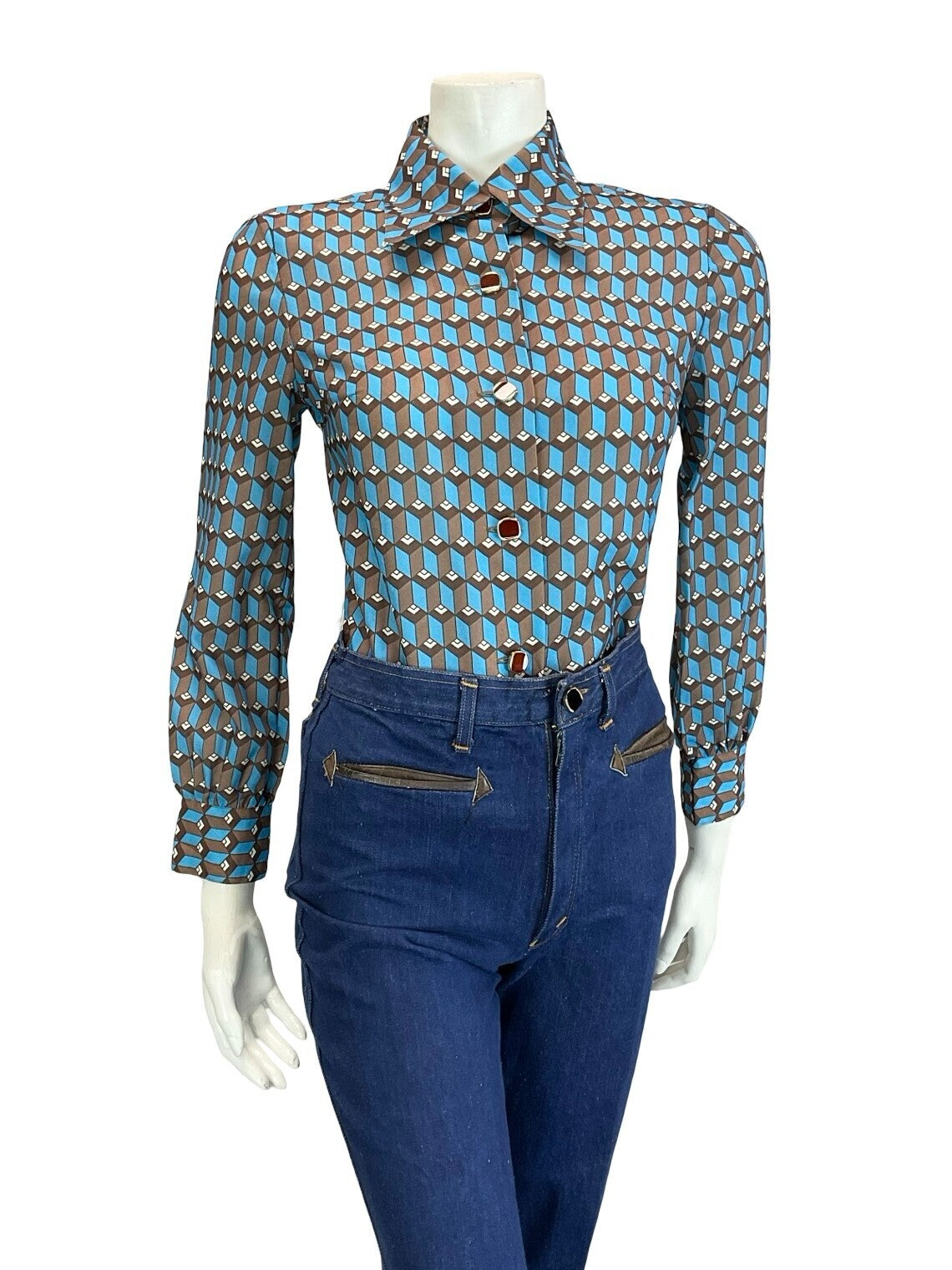 VTG 60S 70S BROWN BLUE WHITE ART DECO GEOMETRIC HEXAGONAL SHIRT 10