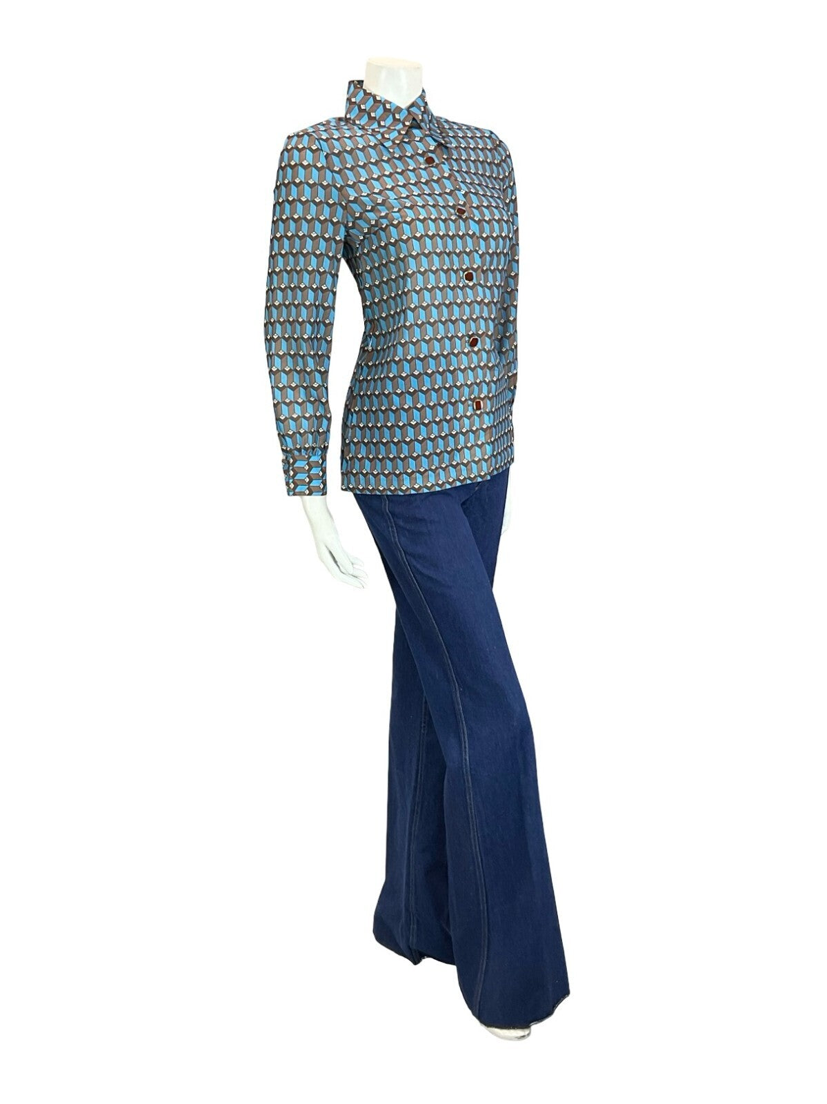 VTG 60S 70S BROWN BLUE WHITE ART DECO GEOMETRIC HEXAGONAL SHIRT 10