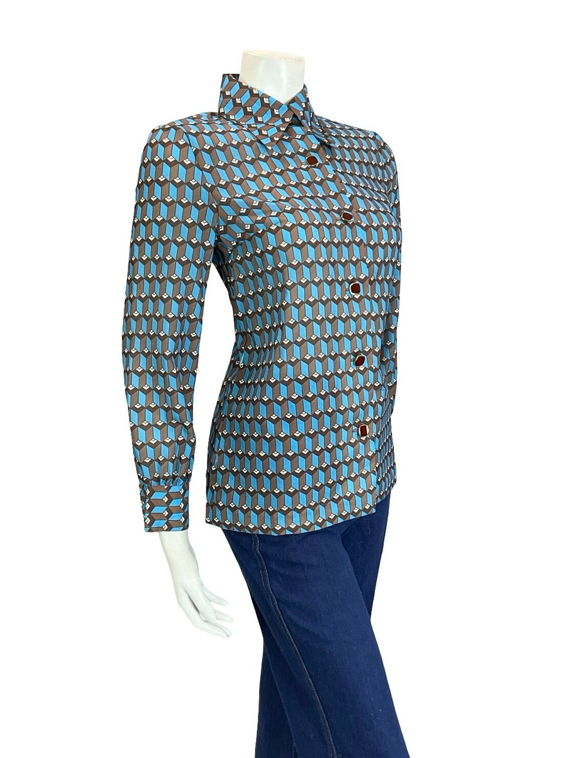 VTG 60S 70S BROWN BLUE WHITE ART DECO GEOMETRIC HEXAGONAL SHIRT 10