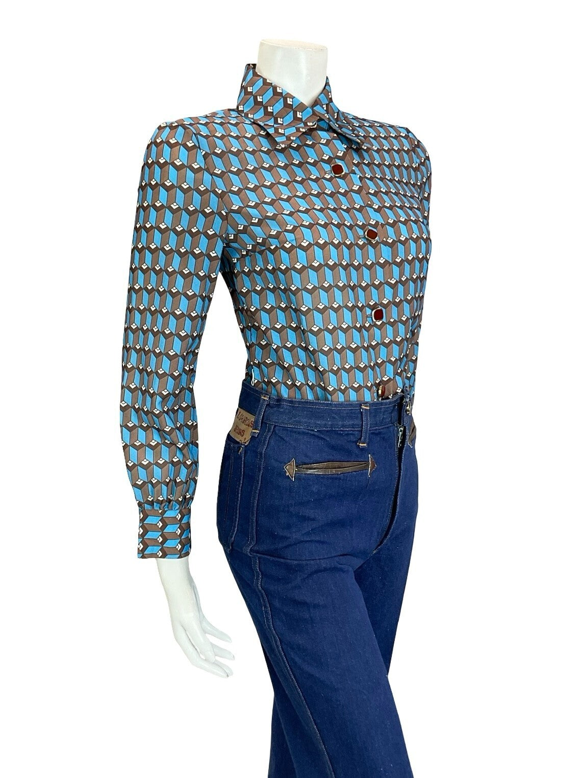 VTG 60S 70S BROWN BLUE WHITE ART DECO GEOMETRIC HEXAGONAL SHIRT 10
