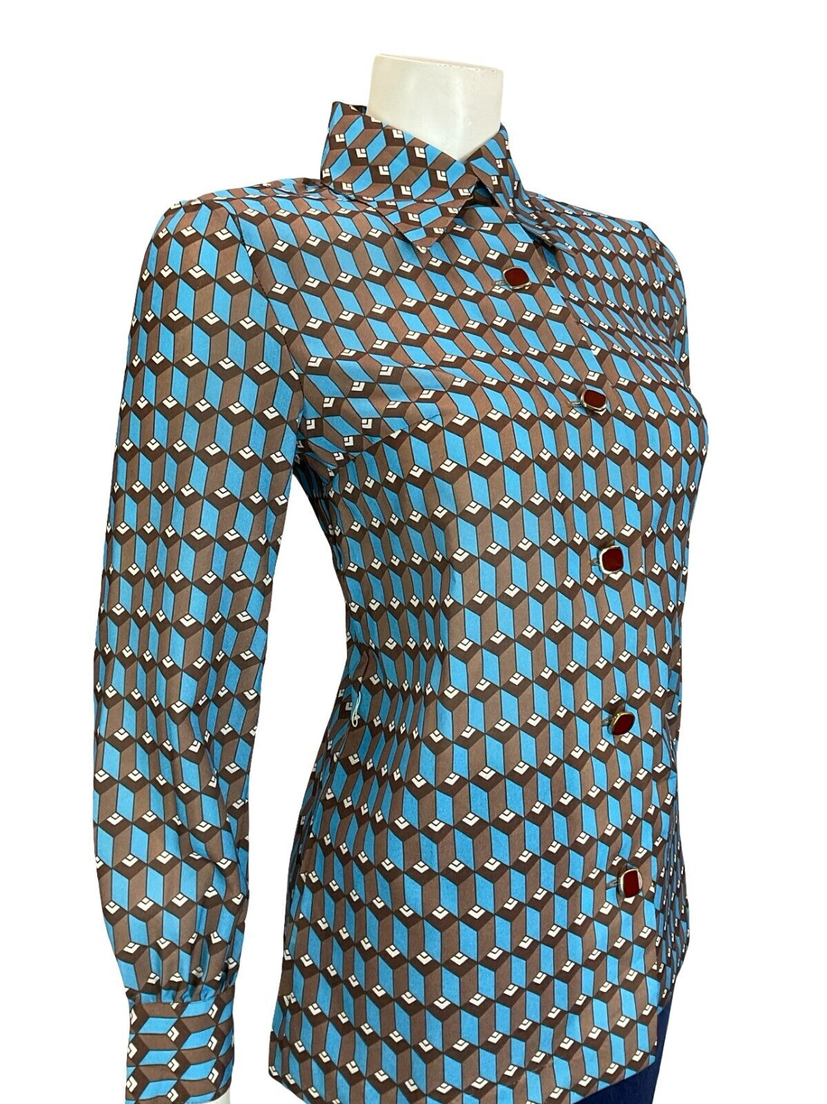 VTG 60S 70S BROWN BLUE WHITE ART DECO GEOMETRIC HEXAGONAL SHIRT 10
