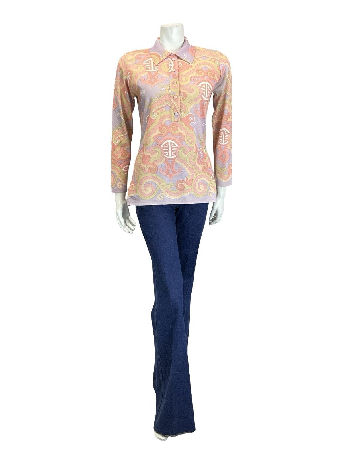 VTG 60S 70S PASTEL PURPLE PINK BEIGE ORIENTAL ART DECO LONG SLEEVE POLO SHIRT 12