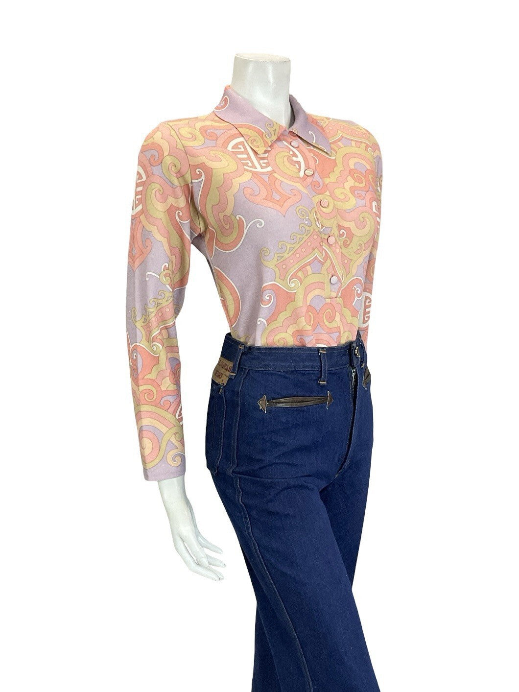 VTG 60S 70S PASTEL PURPLE PINK BEIGE ORIENTAL ART DECO LONG SLEEVE POLO SHIRT 12