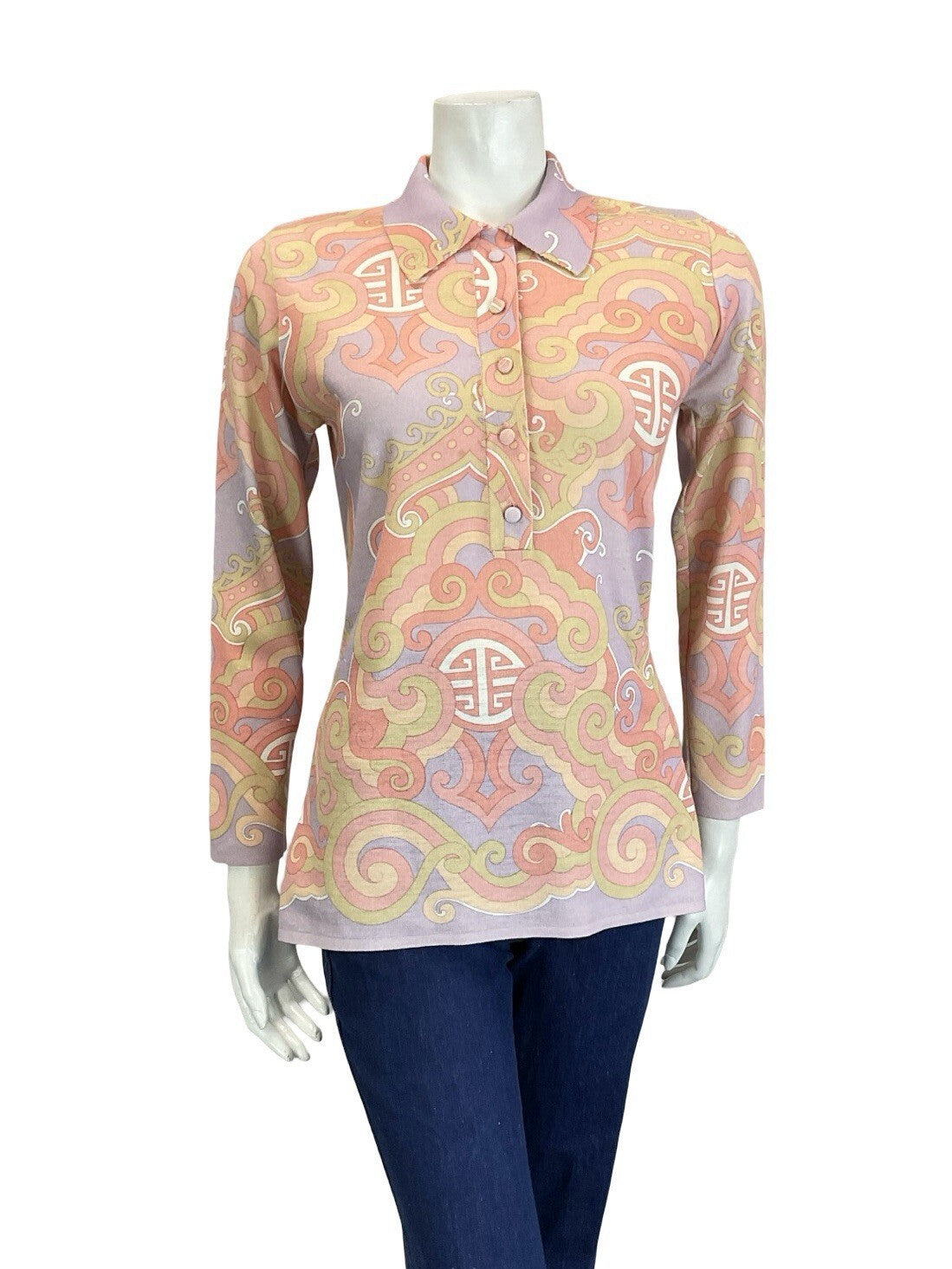VTG 60S 70S PASTEL PURPLE PINK BEIGE ORIENTAL ART DECO LONG SLEEVE POLO SHIRT 12
