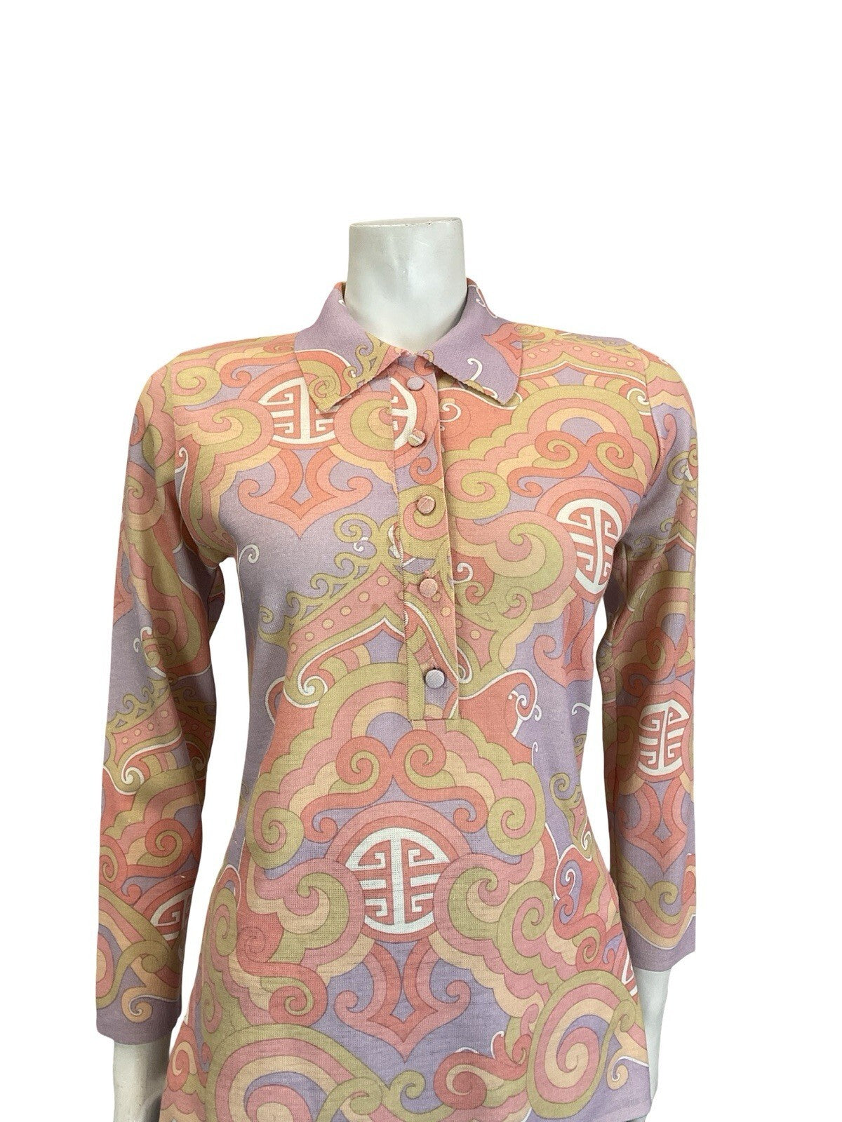 VTG 60S 70S PASTEL PURPLE PINK BEIGE ORIENTAL ART DECO LONG SLEEVE POLO SHIRT 12