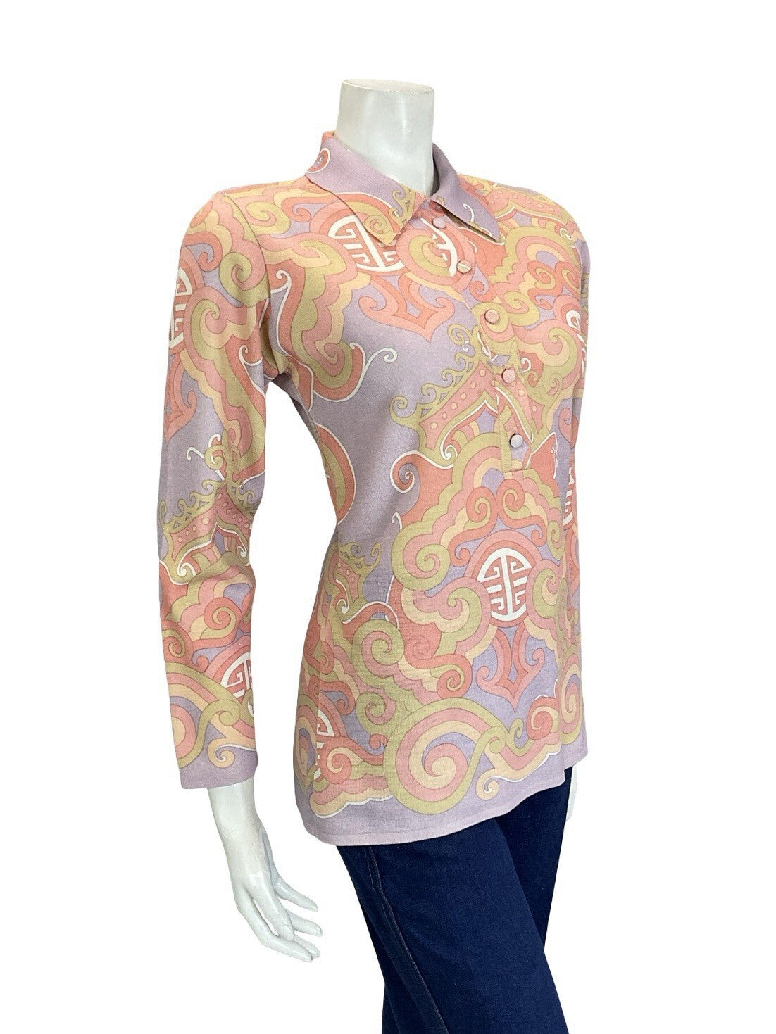 VTG 60S 70S PASTEL PURPLE PINK BEIGE ORIENTAL ART DECO LONG SLEEVE POLO SHIRT 12