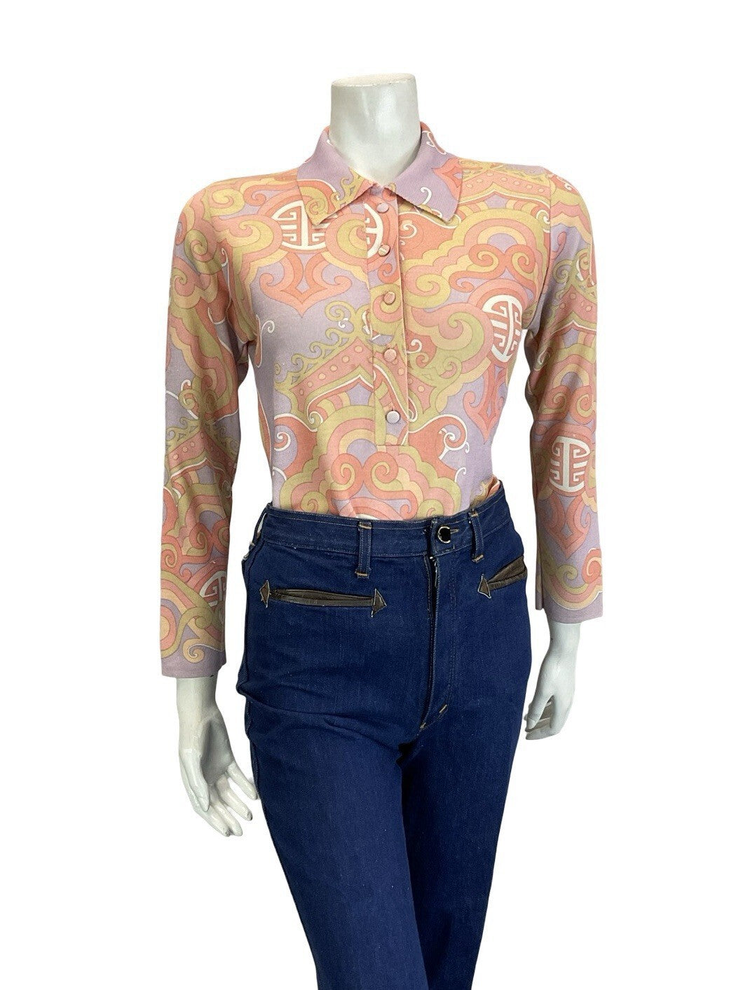 VTG 60S 70S PASTEL PURPLE PINK BEIGE ORIENTAL ART DECO LONG SLEEVE POLO SHIRT 12
