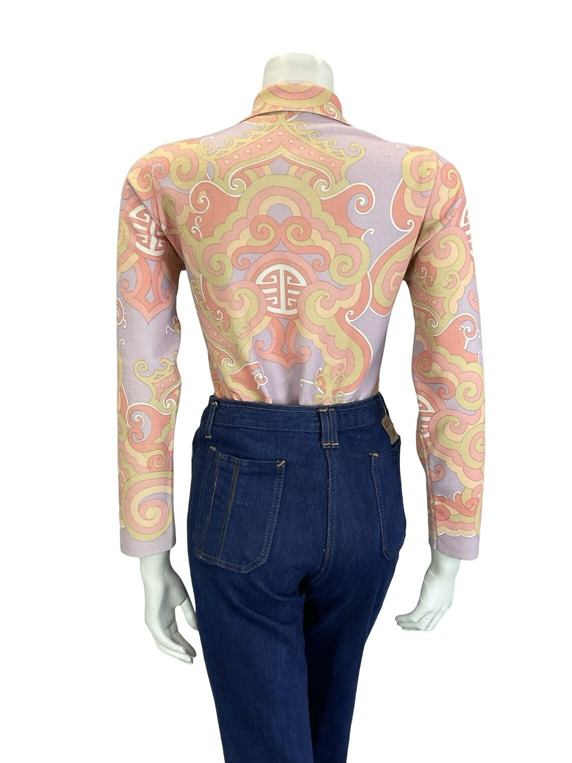 VTG 60S 70S PASTEL PURPLE PINK BEIGE ORIENTAL ART DECO LONG SLEEVE POLO SHIRT 12
