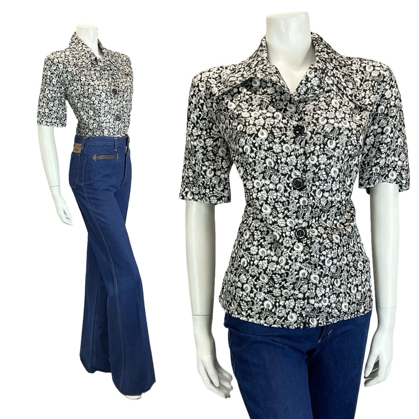 VTG 60S 70S BLACK WHITE ILLUSTRATIVE FLORAL NOTCH WING DAGGER COLLAR SHIRT 16