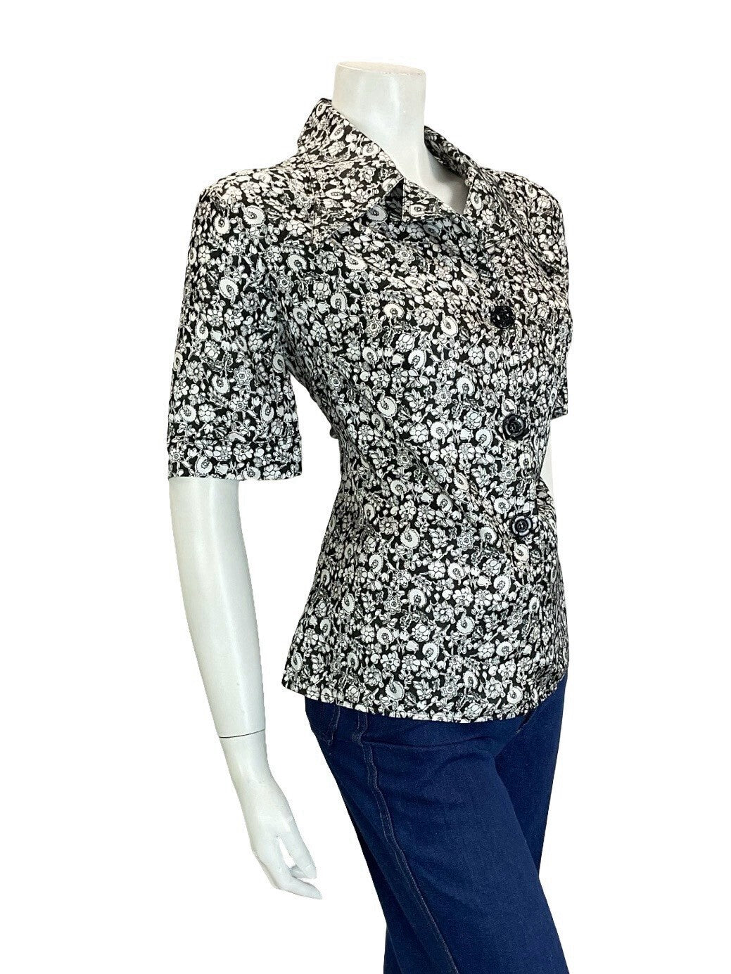 VTG 60S 70S BLACK WHITE ILLUSTRATIVE FLORAL NOTCH WING DAGGER COLLAR SHIRT 16