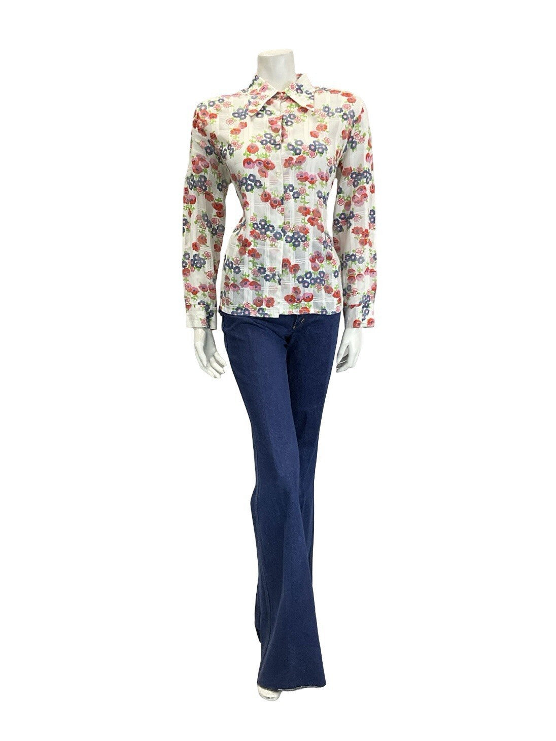 VTG 60S 70S WHITE RED BLUE GREEN POPPY FLORAL CHECKED DAGGER COLLAR SHIRT 16