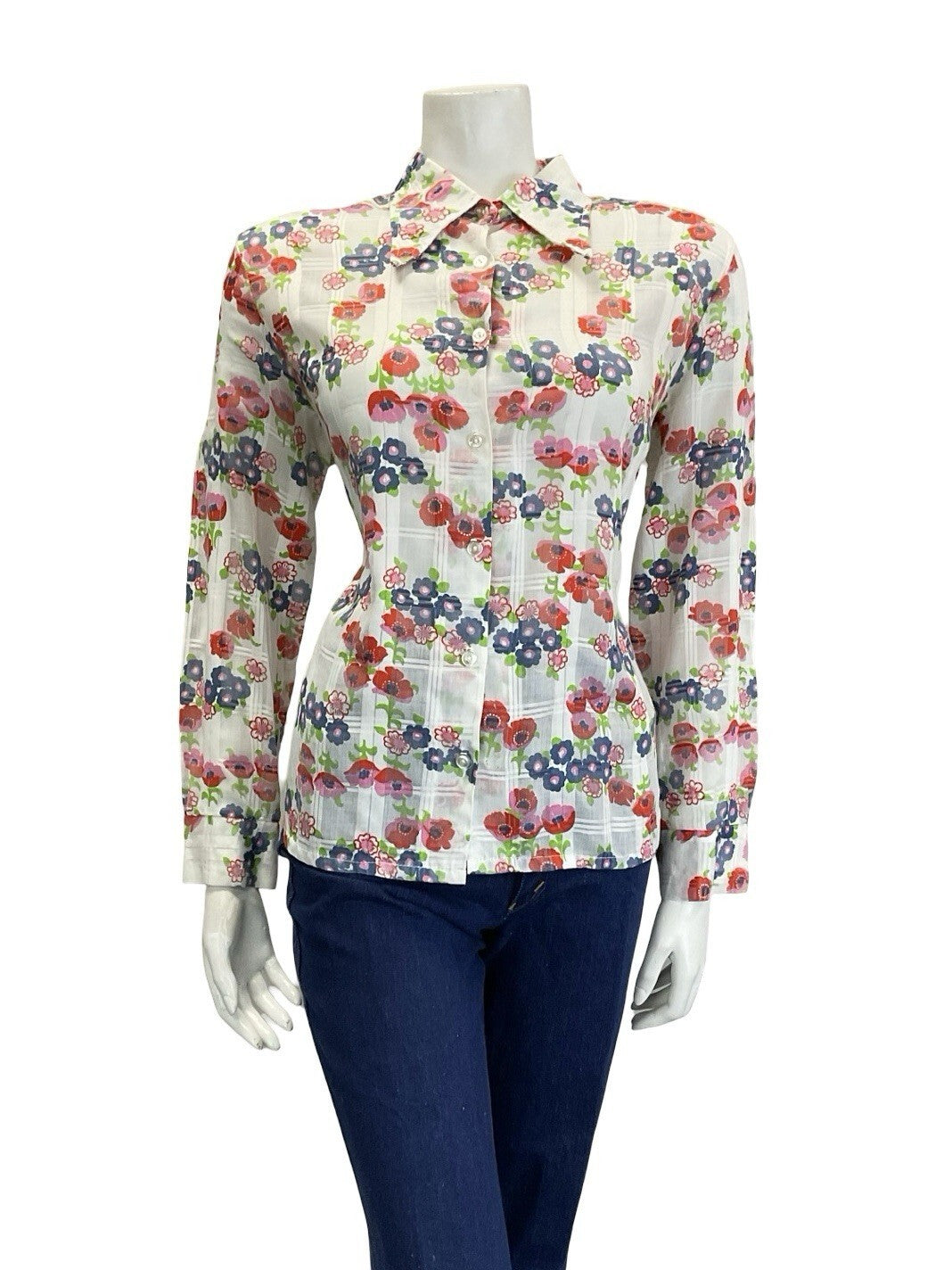 VTG 60S 70S WHITE RED BLUE GREEN POPPY FLORAL CHECKED DAGGER COLLAR SHIRT 16