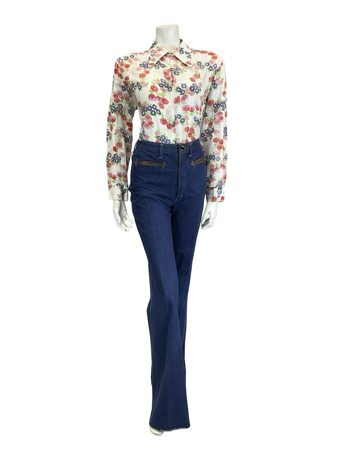 VTG 60S 70S WHITE RED BLUE GREEN POPPY FLORAL CHECKED DAGGER COLLAR SHIRT 16