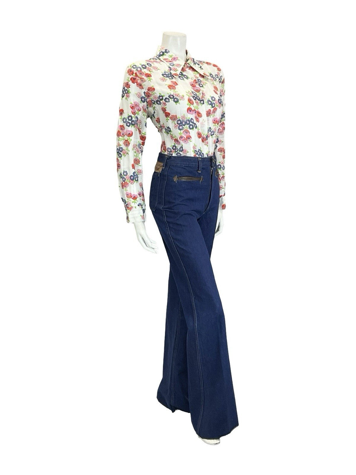 VTG 60S 70S WHITE RED BLUE GREEN POPPY FLORAL CHECKED DAGGER COLLAR SHIRT 16