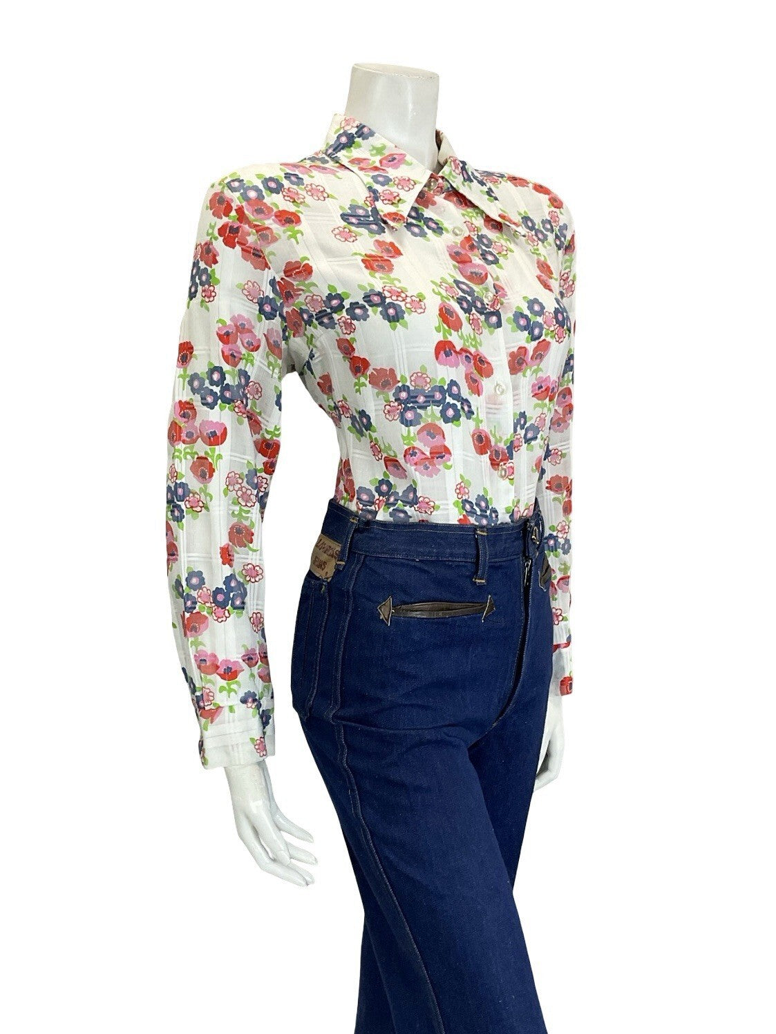 VTG 60S 70S WHITE RED BLUE GREEN POPPY FLORAL CHECKED DAGGER COLLAR SHIRT 16