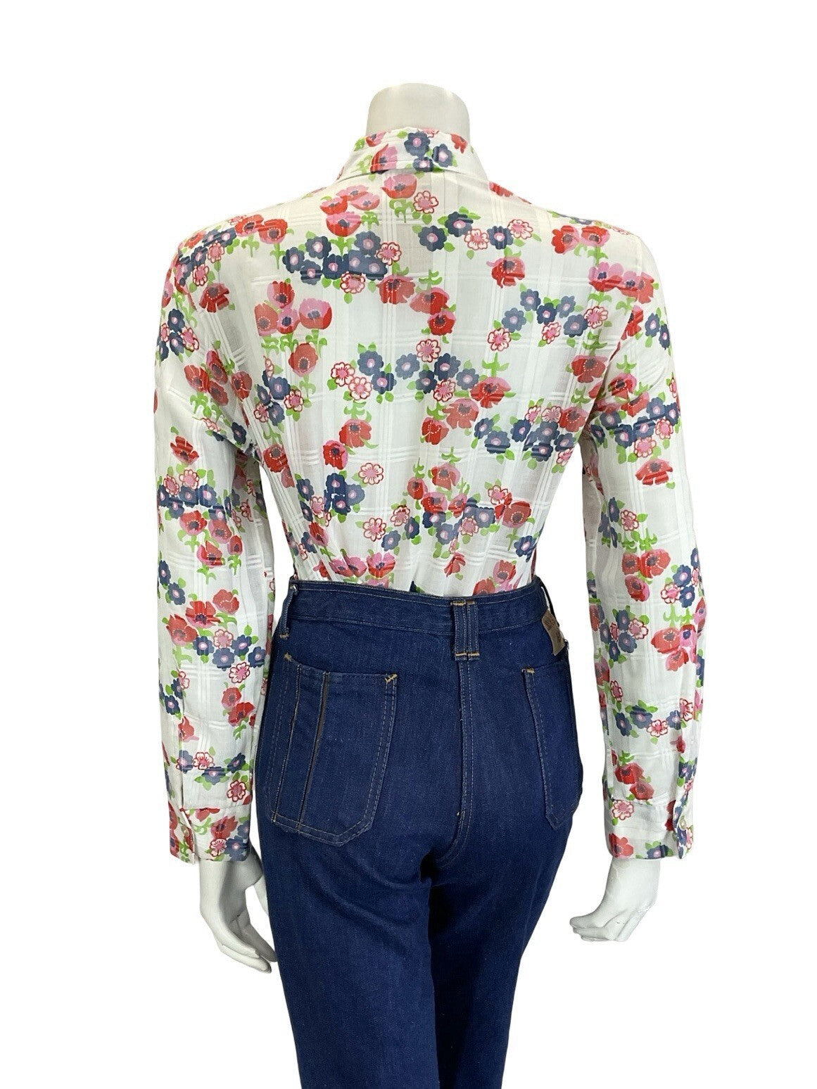 VTG 60S 70S WHITE RED BLUE GREEN POPPY FLORAL CHECKED DAGGER COLLAR SHIRT 16