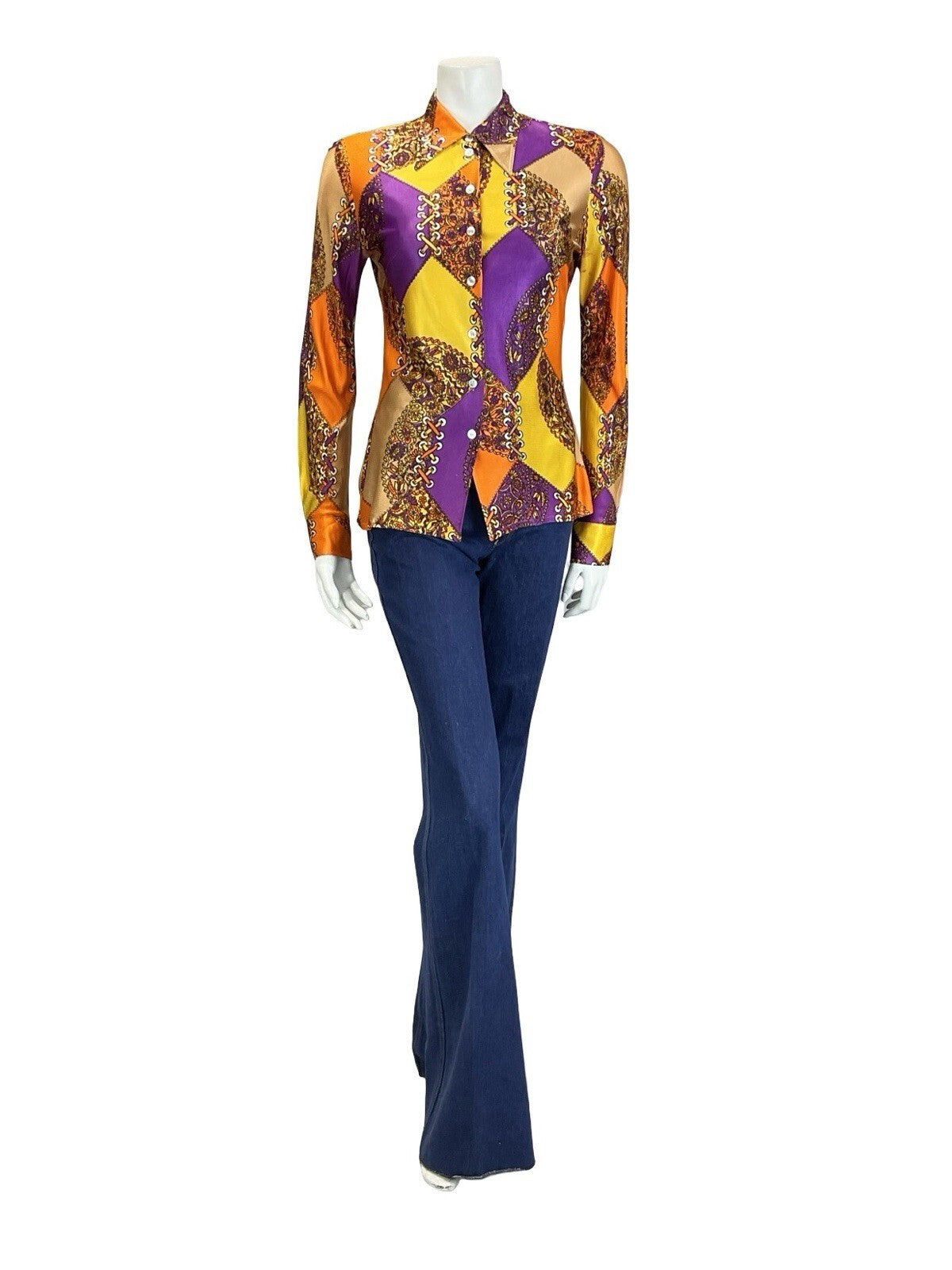 VTG 60S 70S GEOMETRIC PSYCHEDELIC ORANGE YELLOW PURPLE FLORAL LACING SHIRT 10