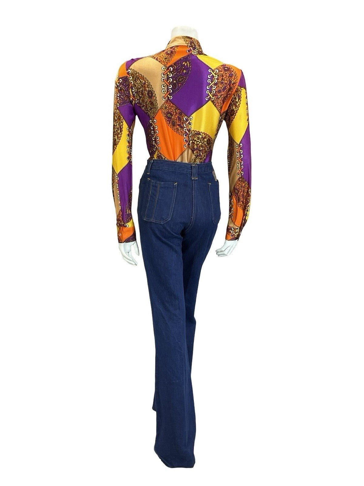 VTG 60S 70S GEOMETRIC PSYCHEDELIC ORANGE YELLOW PURPLE FLORAL LACING SHIRT 10