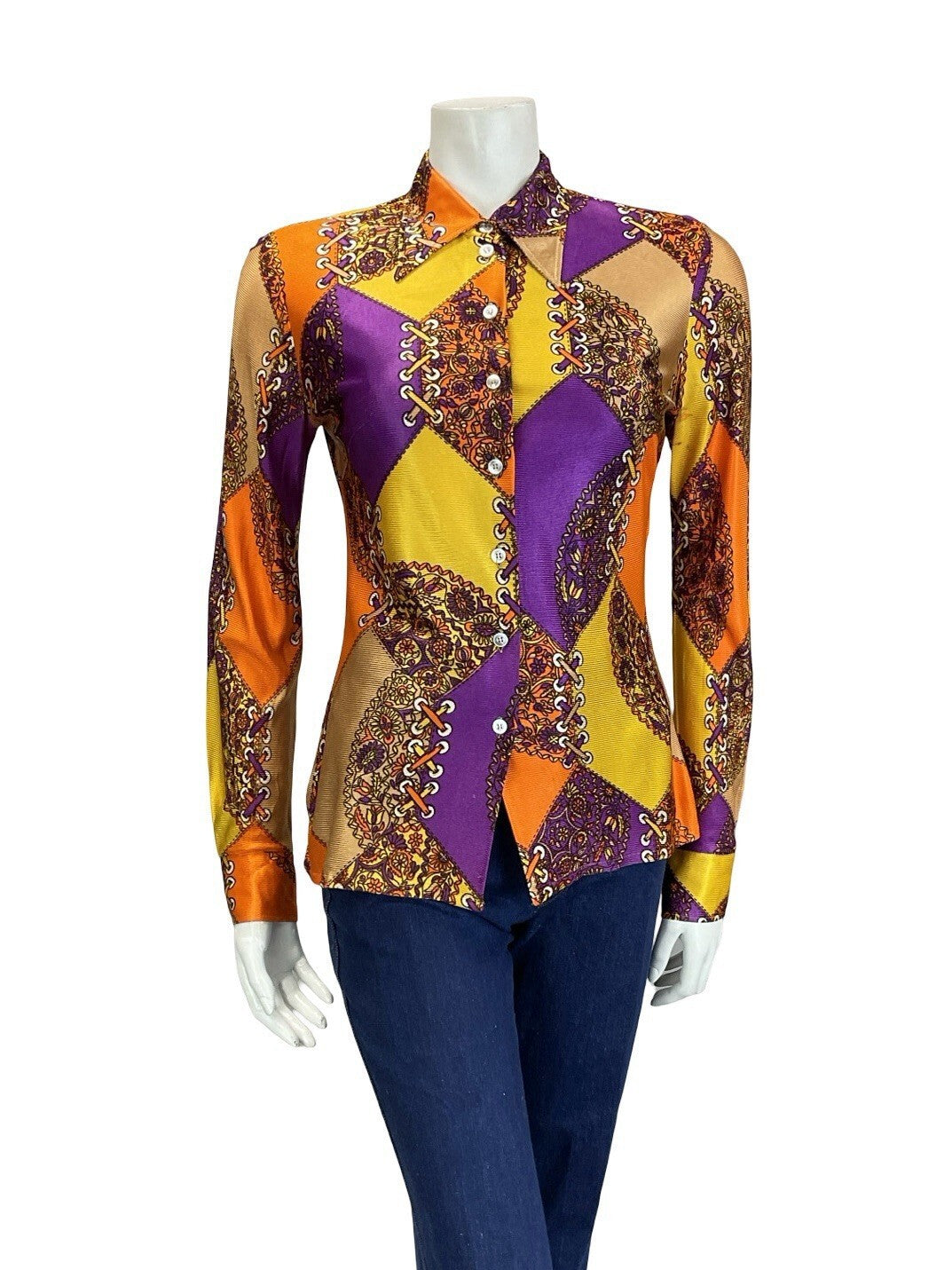 VTG 60S 70S GEOMETRIC PSYCHEDELIC ORANGE YELLOW PURPLE FLORAL LACING SHIRT 10