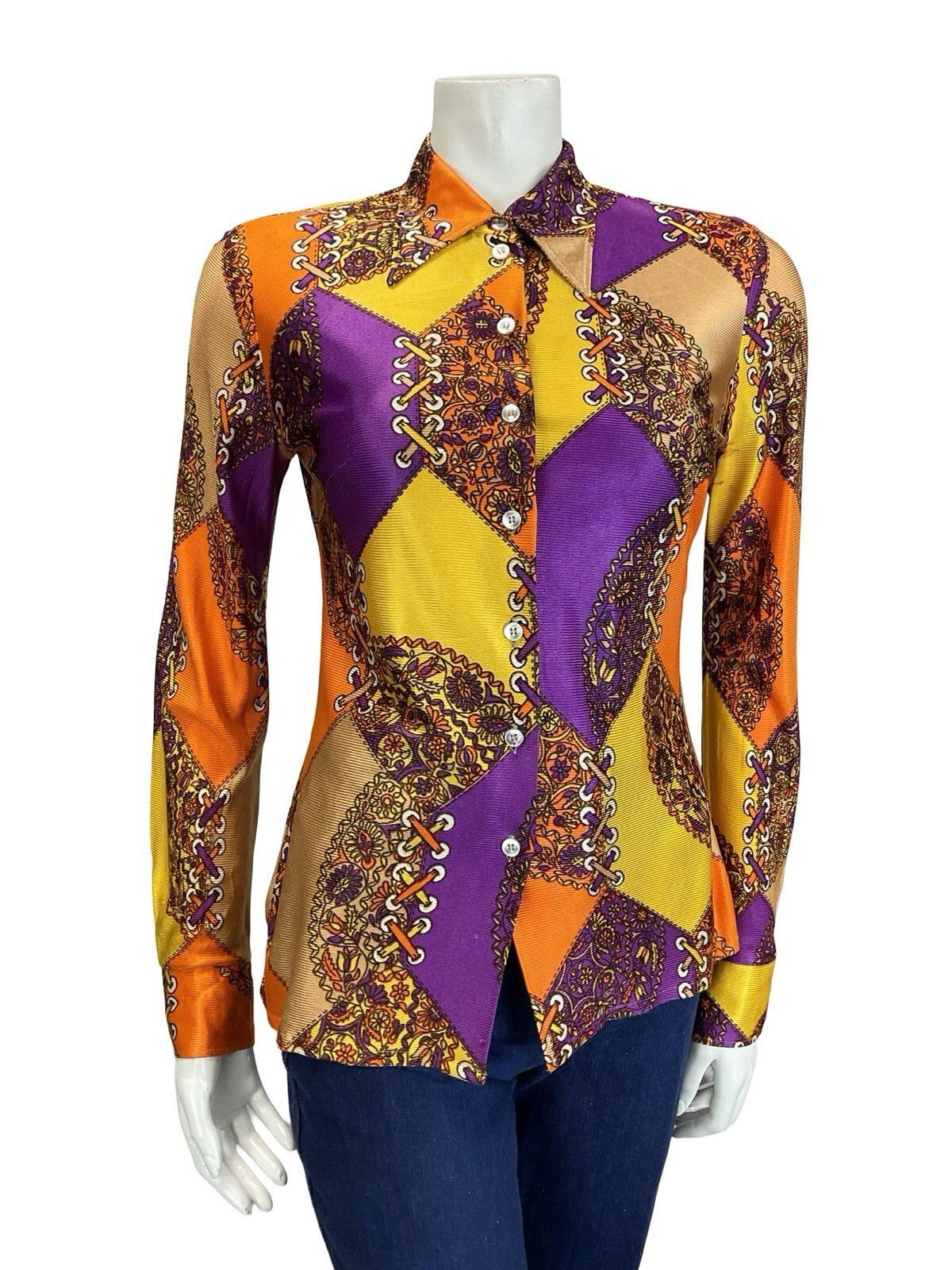 VTG 60S 70S GEOMETRIC PSYCHEDELIC ORANGE YELLOW PURPLE FLORAL LACING SHIRT 10