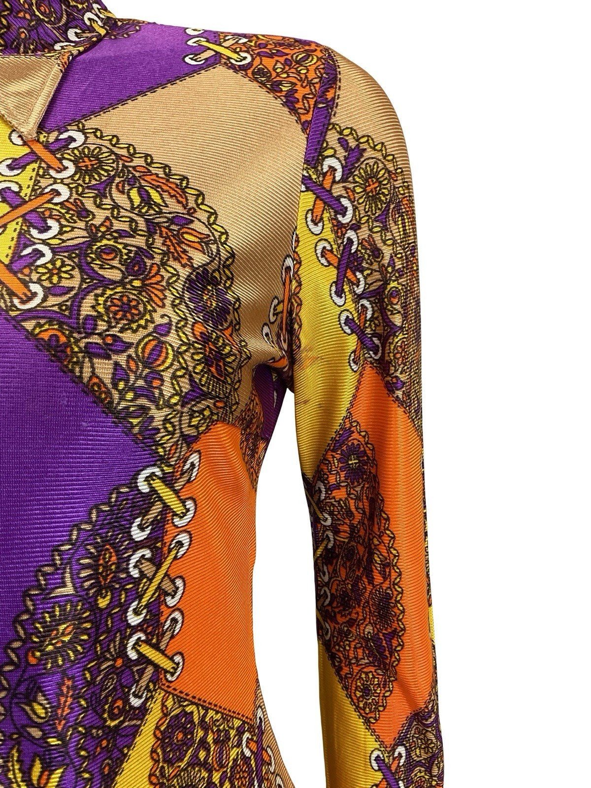 VTG 60S 70S GEOMETRIC PSYCHEDELIC ORANGE YELLOW PURPLE FLORAL LACING SHIRT 10