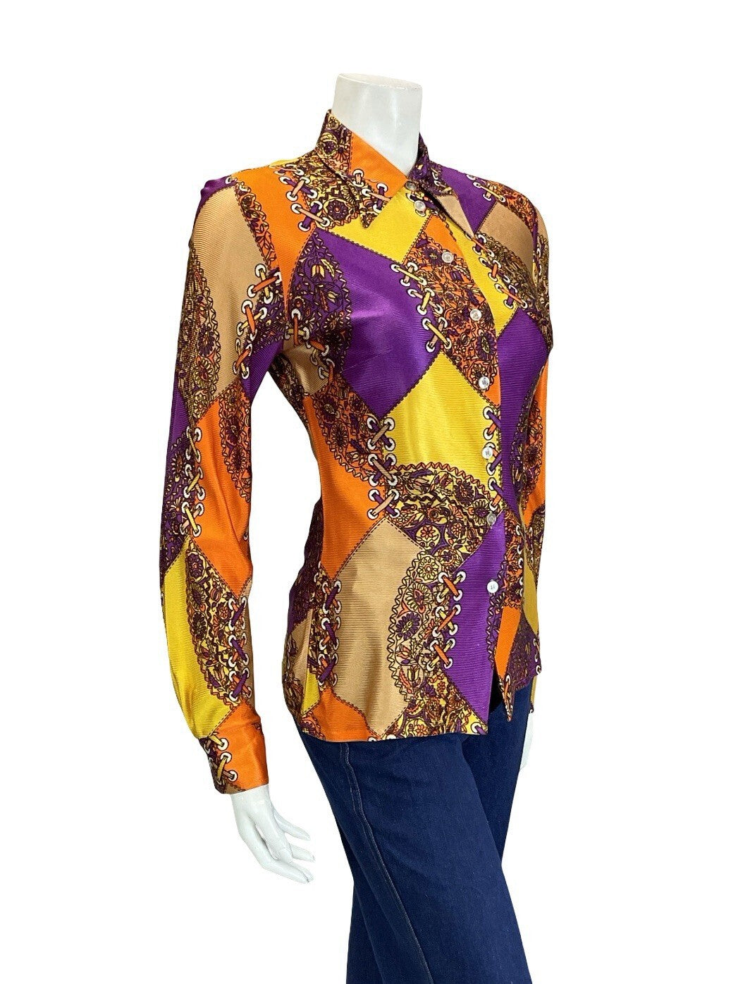 VTG 60S 70S GEOMETRIC PSYCHEDELIC ORANGE YELLOW PURPLE FLORAL LACING SHIRT 10