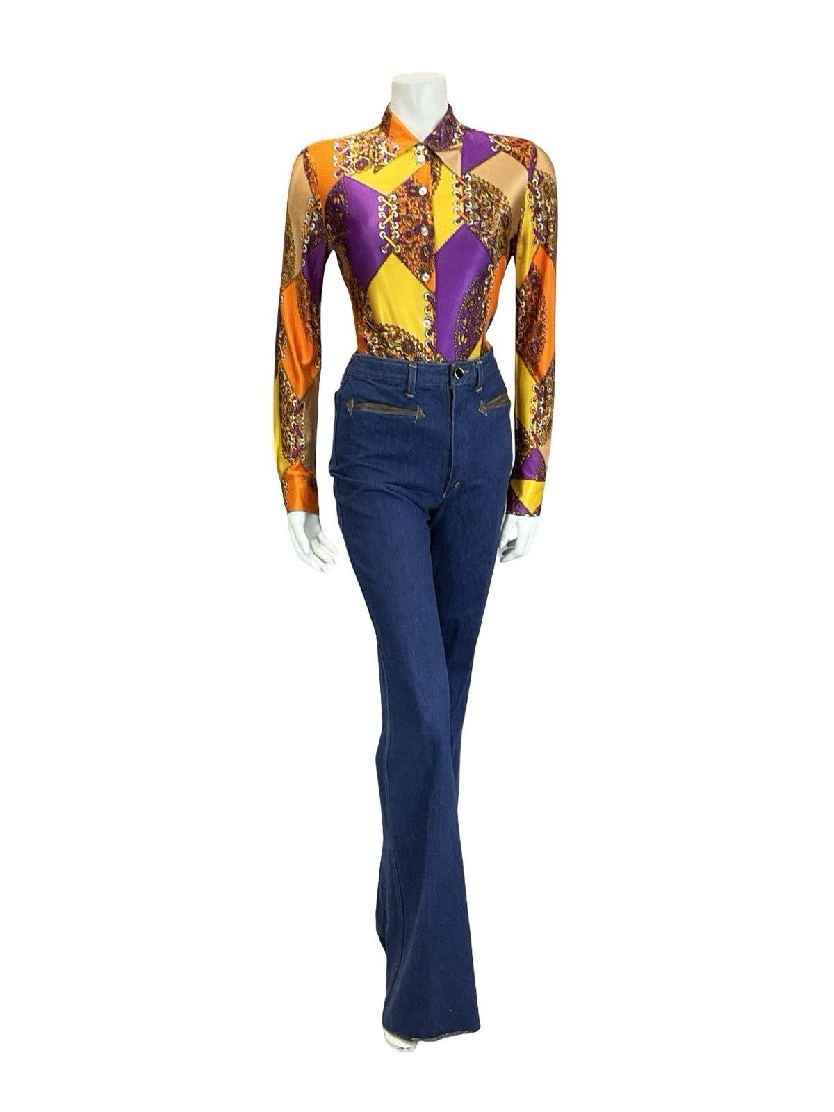 VTG 60S 70S GEOMETRIC PSYCHEDELIC ORANGE YELLOW PURPLE FLORAL LACING SHIRT 10
