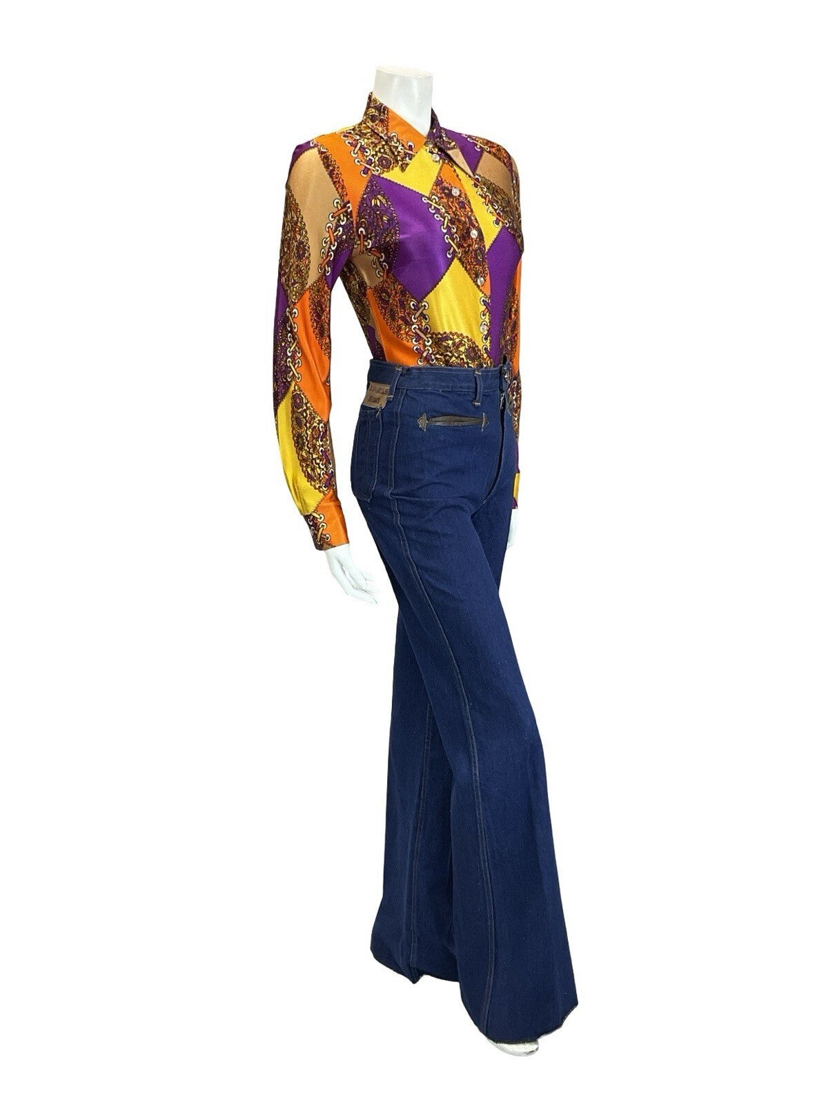 VTG 60S 70S GEOMETRIC PSYCHEDELIC ORANGE YELLOW PURPLE FLORAL LACING SHIRT 10