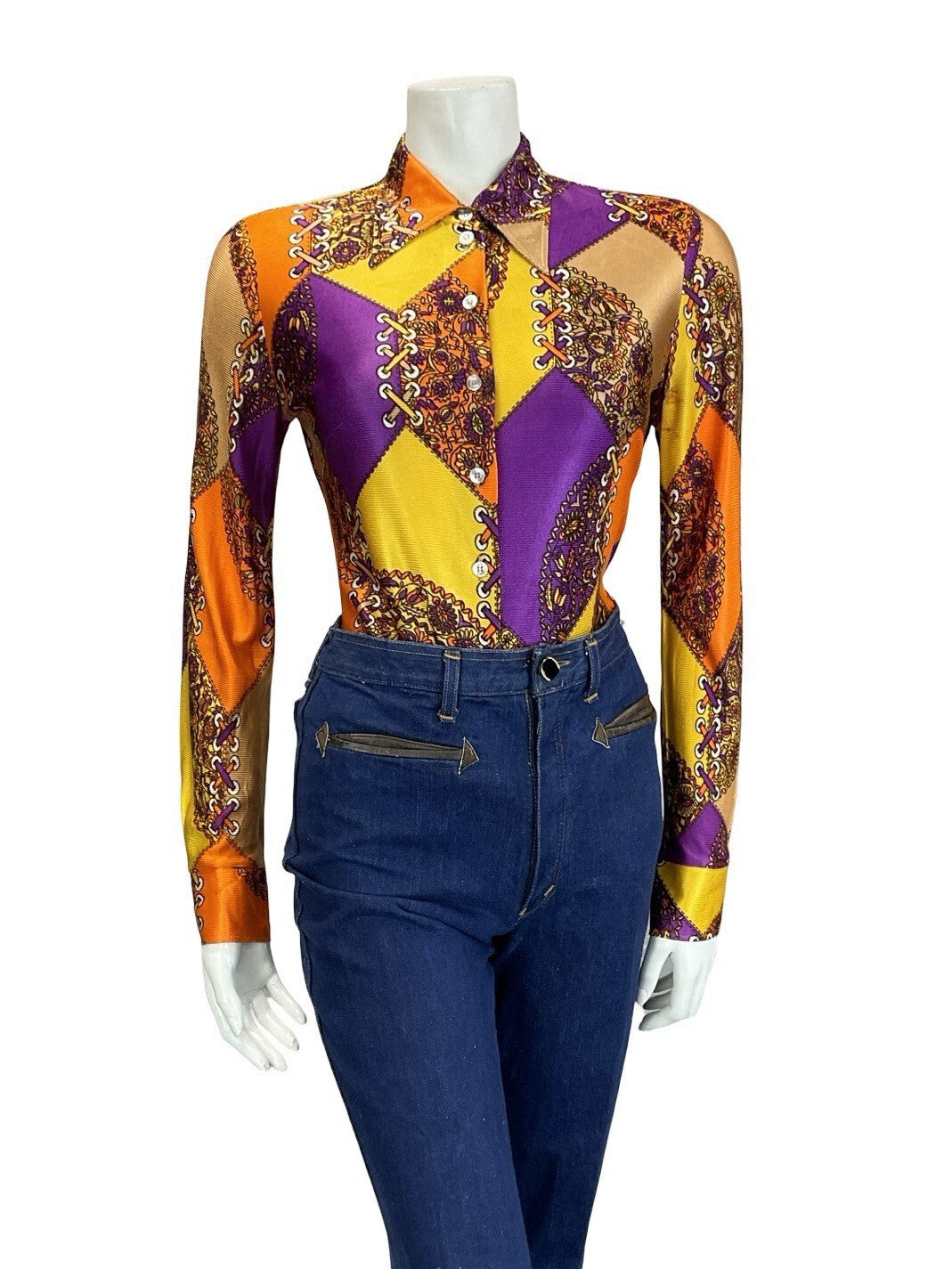 VTG 60S 70S GEOMETRIC PSYCHEDELIC ORANGE YELLOW PURPLE FLORAL LACING SHIRT 10